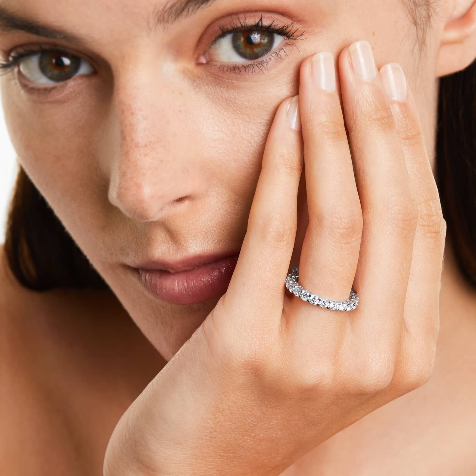 Women's 2ct Low Dome Basket Eternity Ring on model | styled 10K white gold ring