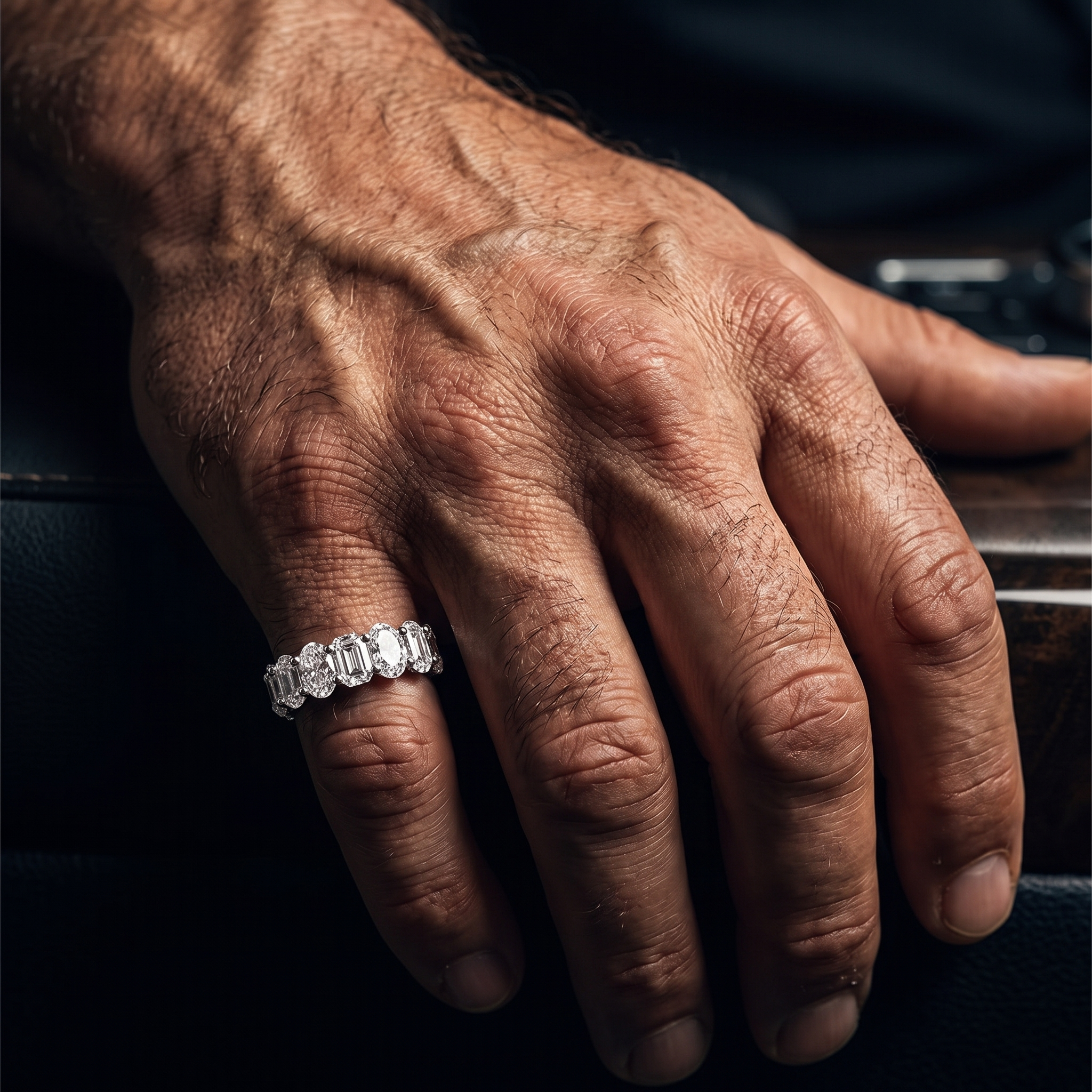 4.9ct oval and emerald cut half eternity lab grown diamond ring on a rugged masculine mans hand, moody