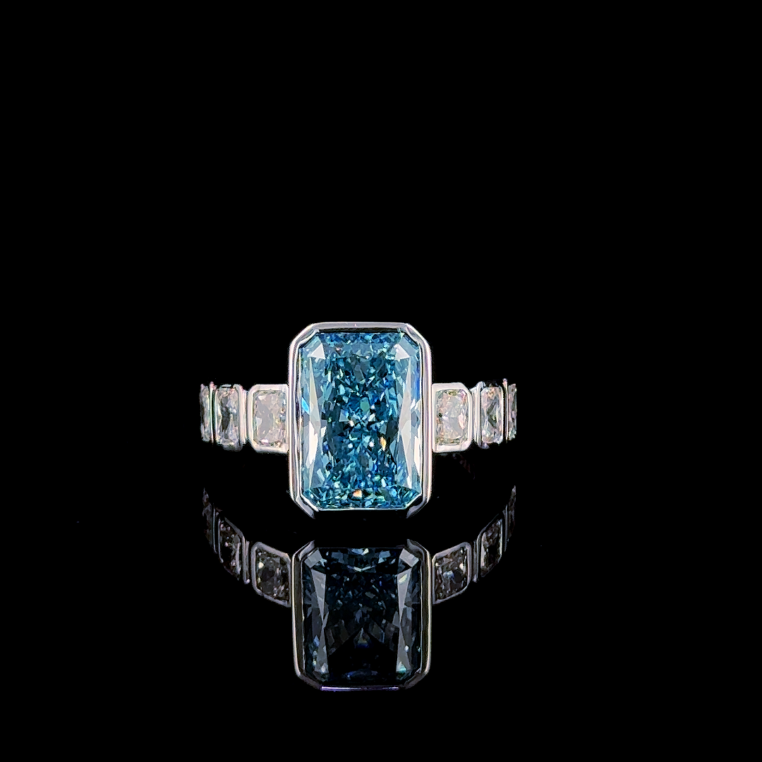 5.73ct fancy blue radiant lab grown diamond ring, bezel set, front view, product video still