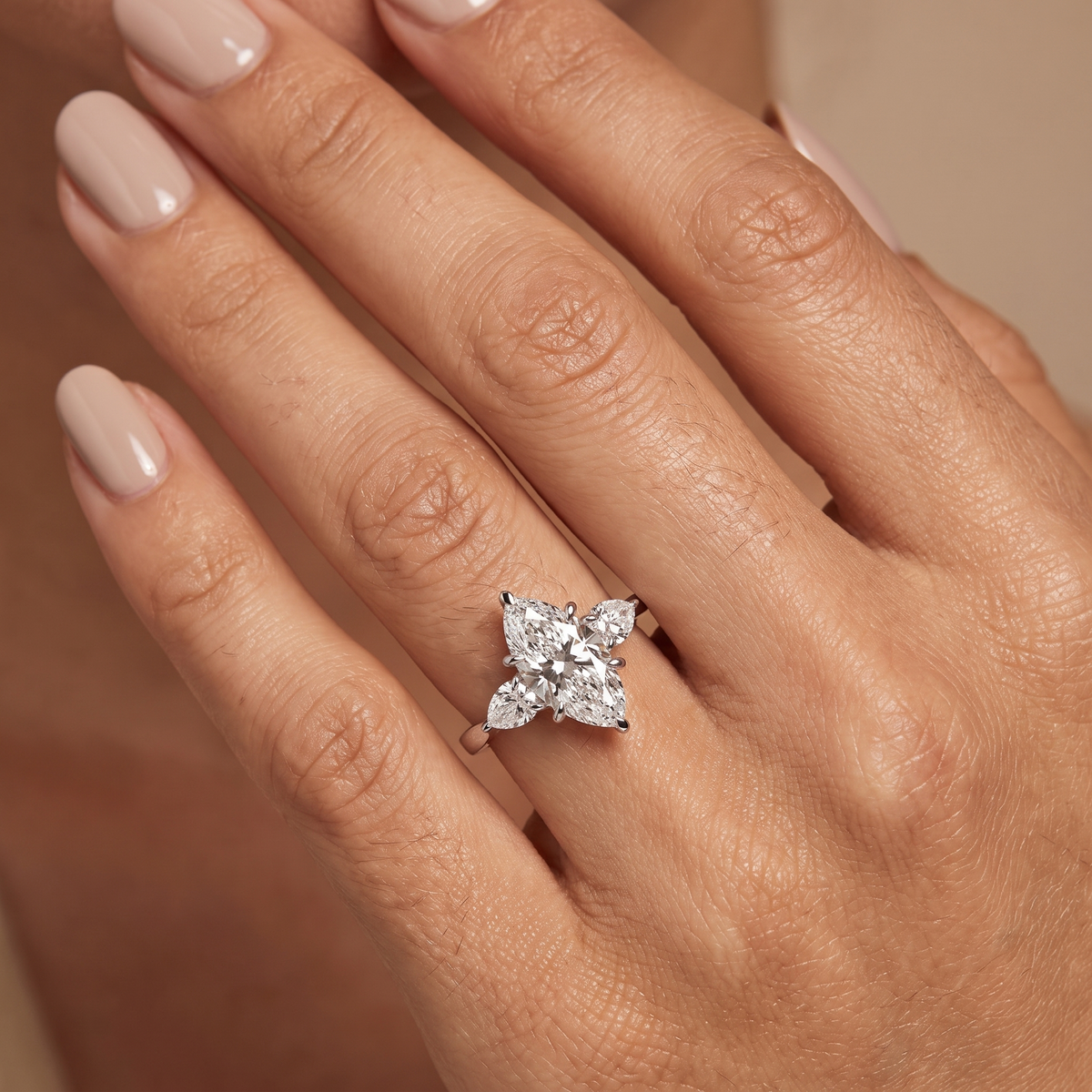 2.1ct marquise dawn lab grown diamond ring worn ring forward on a womans hand