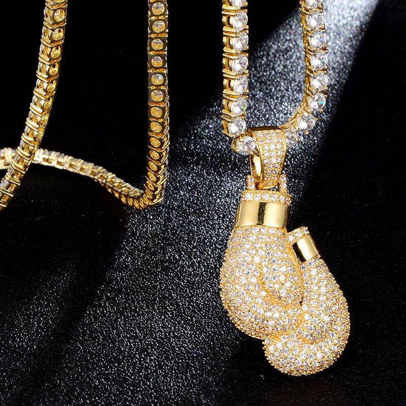 7ct Lab Diamond Boxing Gloves Pendant & Chain on model, styled 10K yellow gold pendant