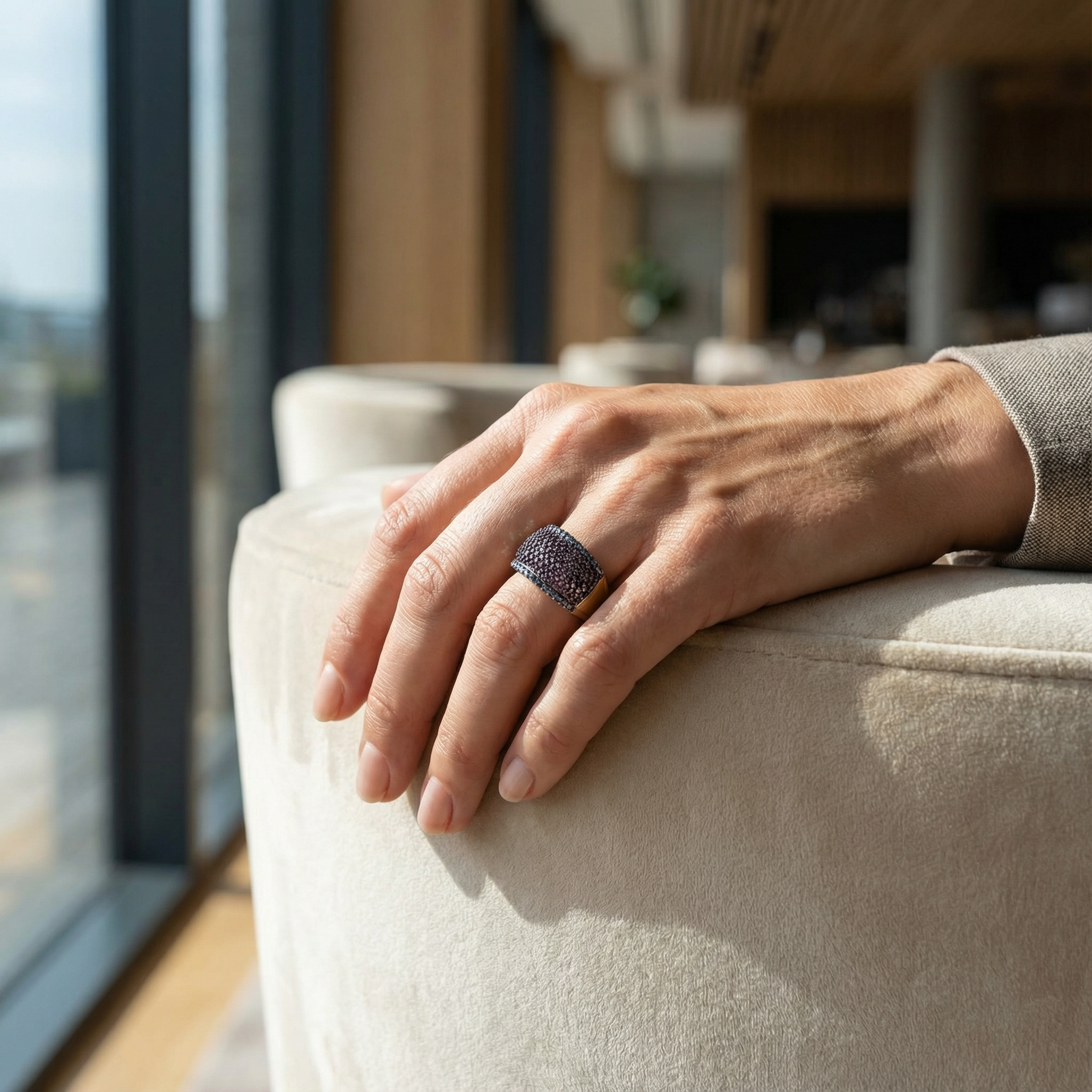 Women's 1.8ct Multi-Color Lab Diamond Band on model, styled 10K yellow gold jewelry