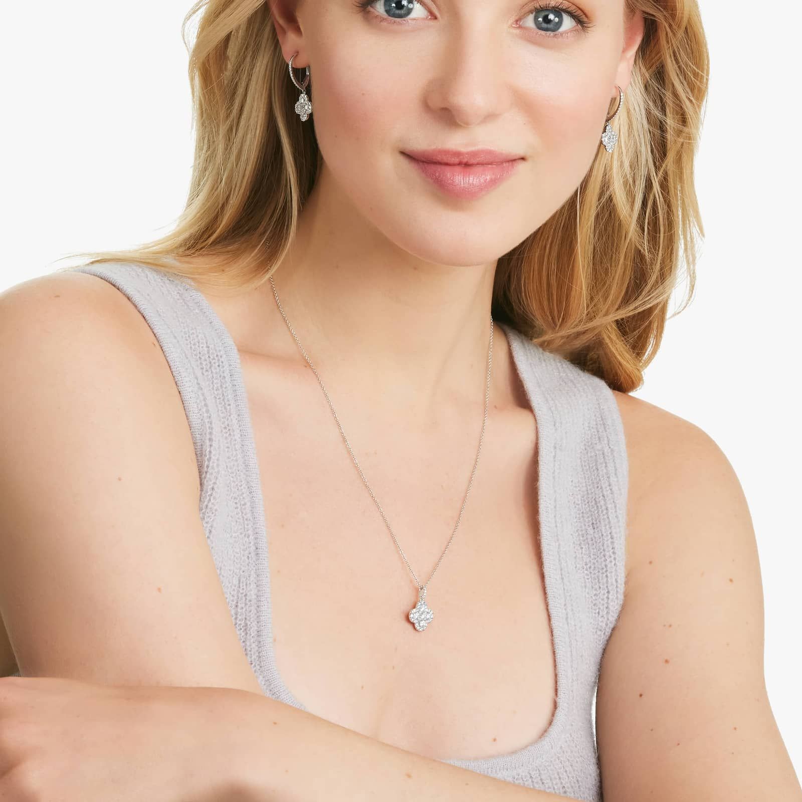 Women's 1ct Diamond Clover Pendant Necklace on model | styled 10K white gold pendant necklace