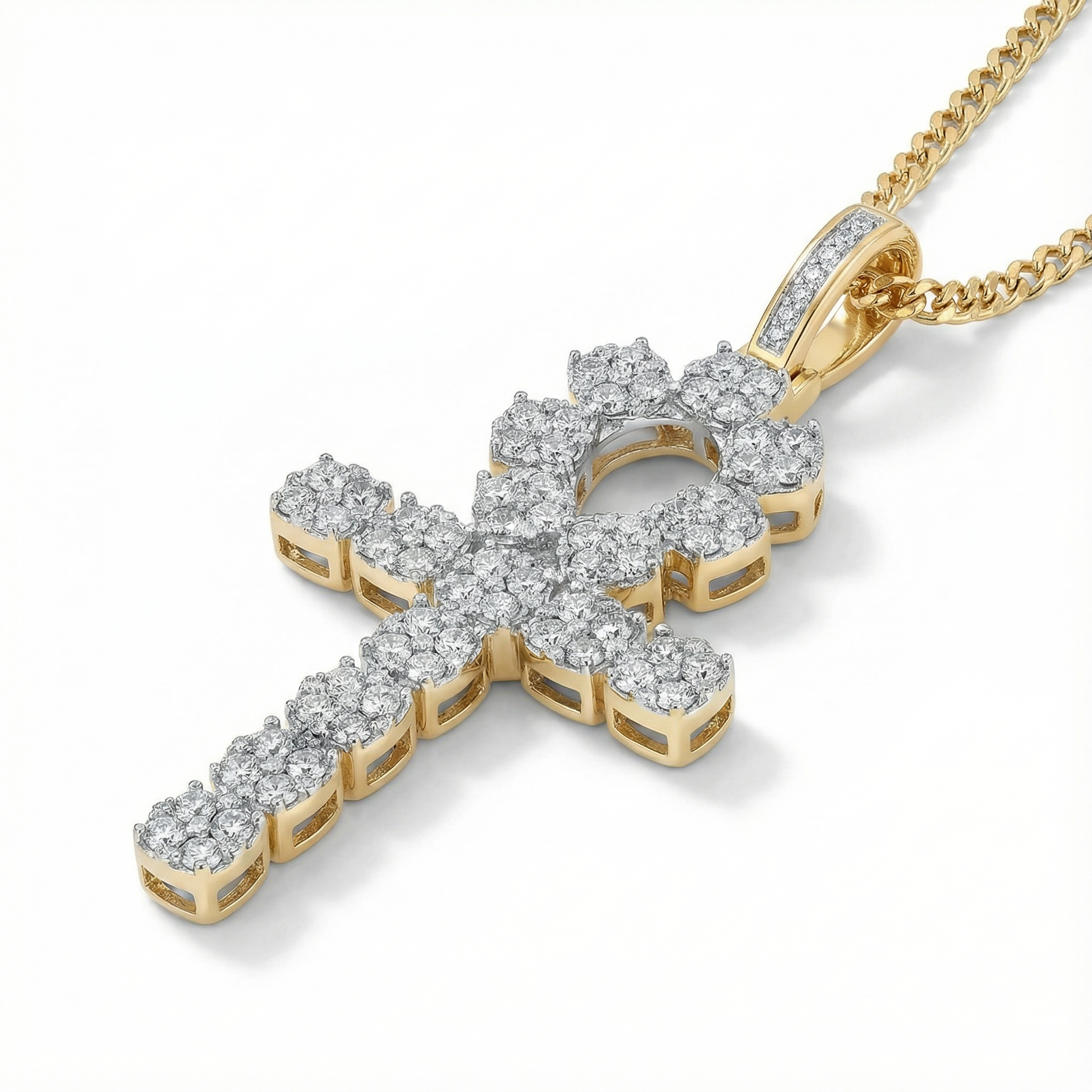 1.25ct lab diamond hip ankh pendant in 10K yellow gold - side profile, lab diamond detail