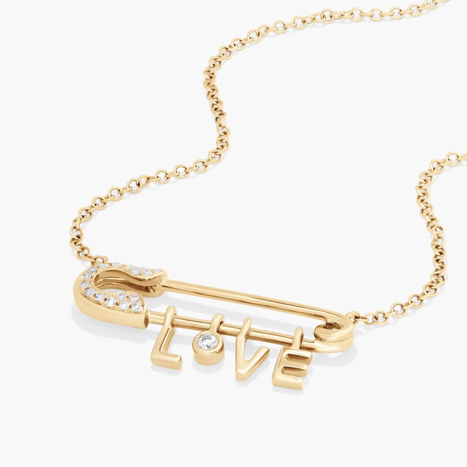 1ct Lab Diamond Safety Pin Necklace | 10K yellow gold | IGI certified lab diamond