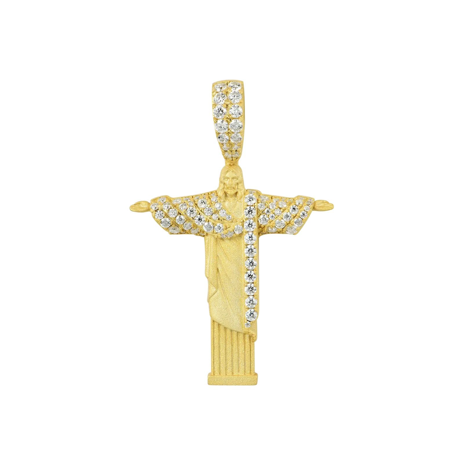 5.5ct Lab Diamond Christ Redeemer Pendant on model, styled 10K yellow gold pendant