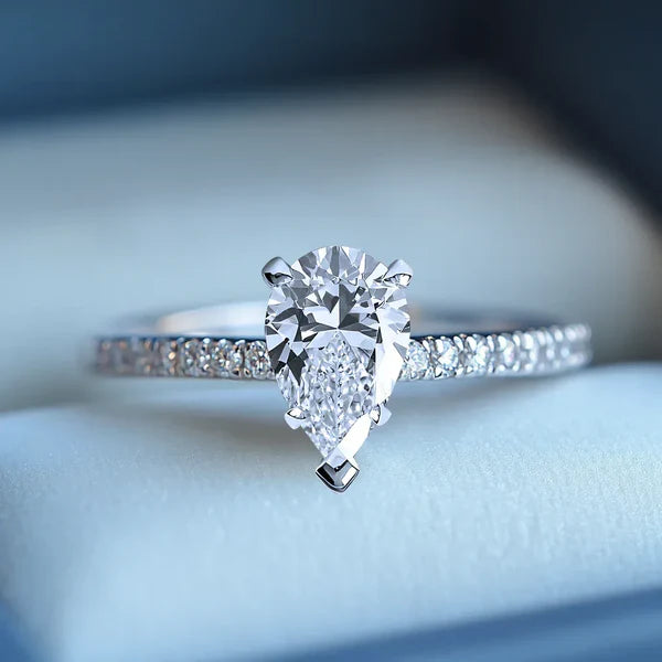 2ct Pear Cut Lab Diamond Halo Engagement Ring side profile, pear cut lab diamond detail