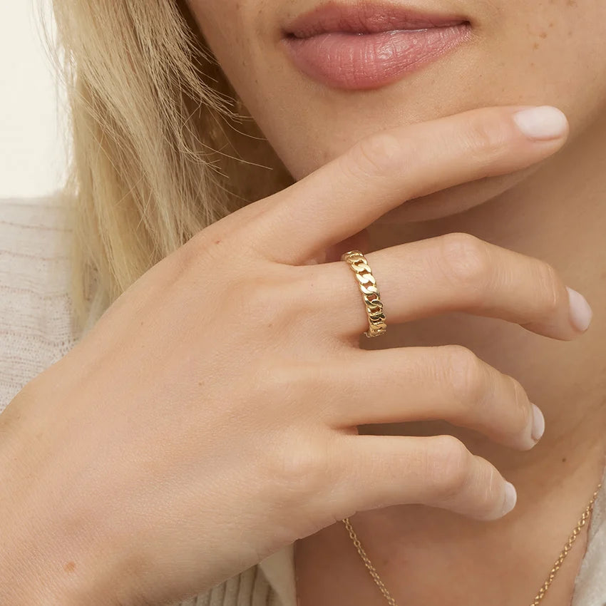 Cuban Link Ring on model, styled 10K white gold ring