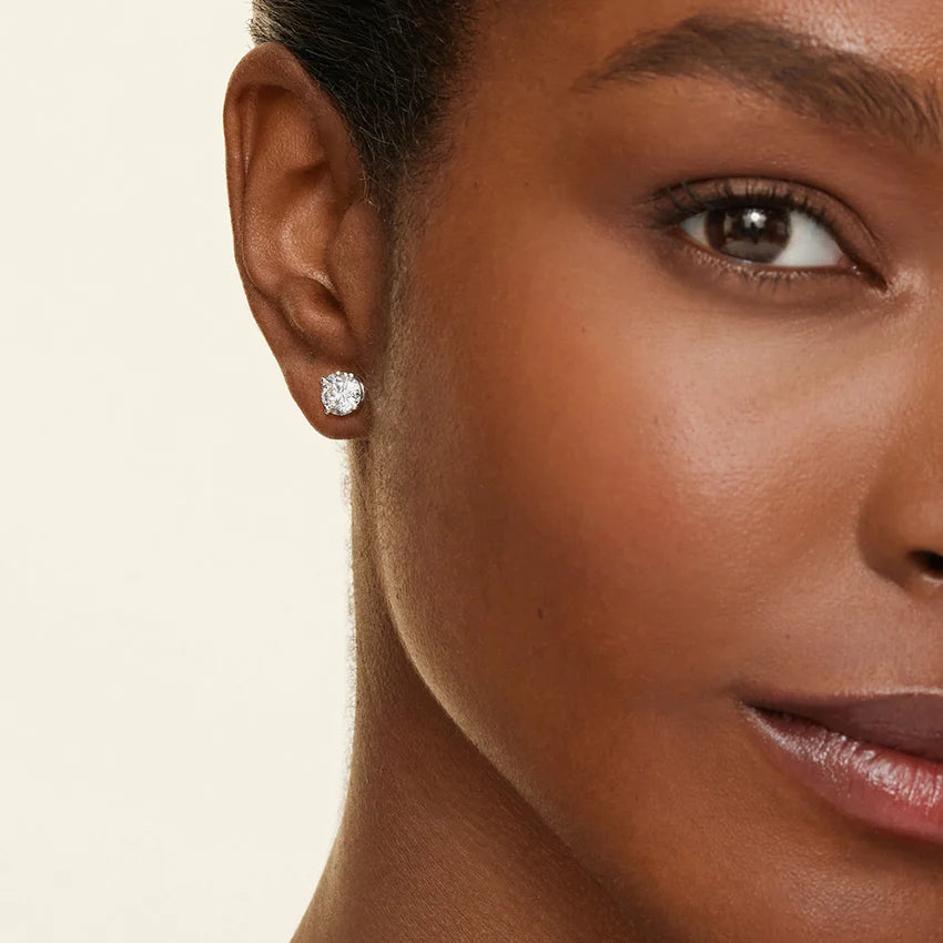 1ctw Lab Diamond Stud Earrings on model | styled 10K white gold stud earrings