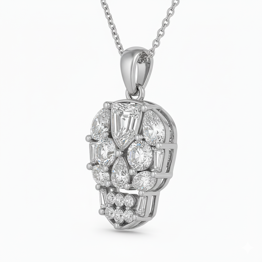 5.2ct Lab Diamond Skull Pendant on model, styled 10K white gold pendant