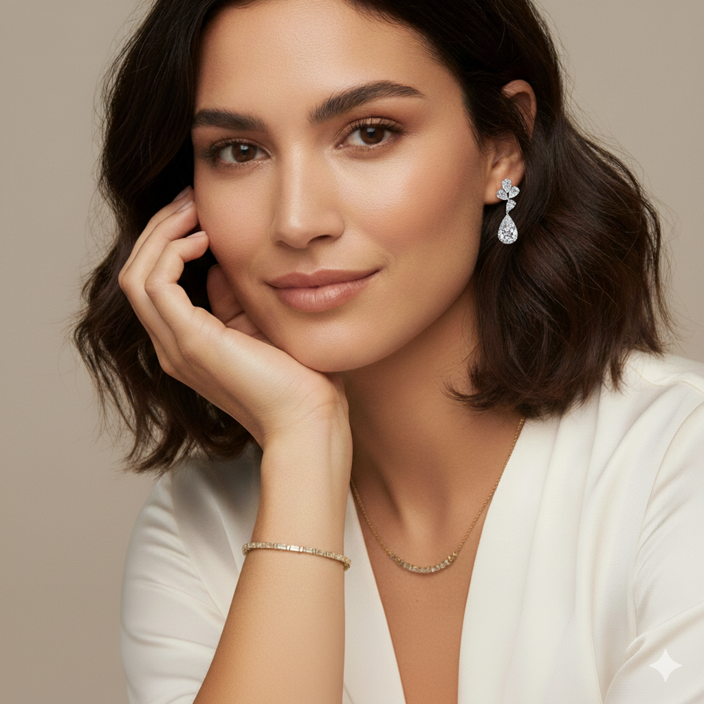 9.6ct Lab Diamond Earrings on model, styled 10K white gold earrings