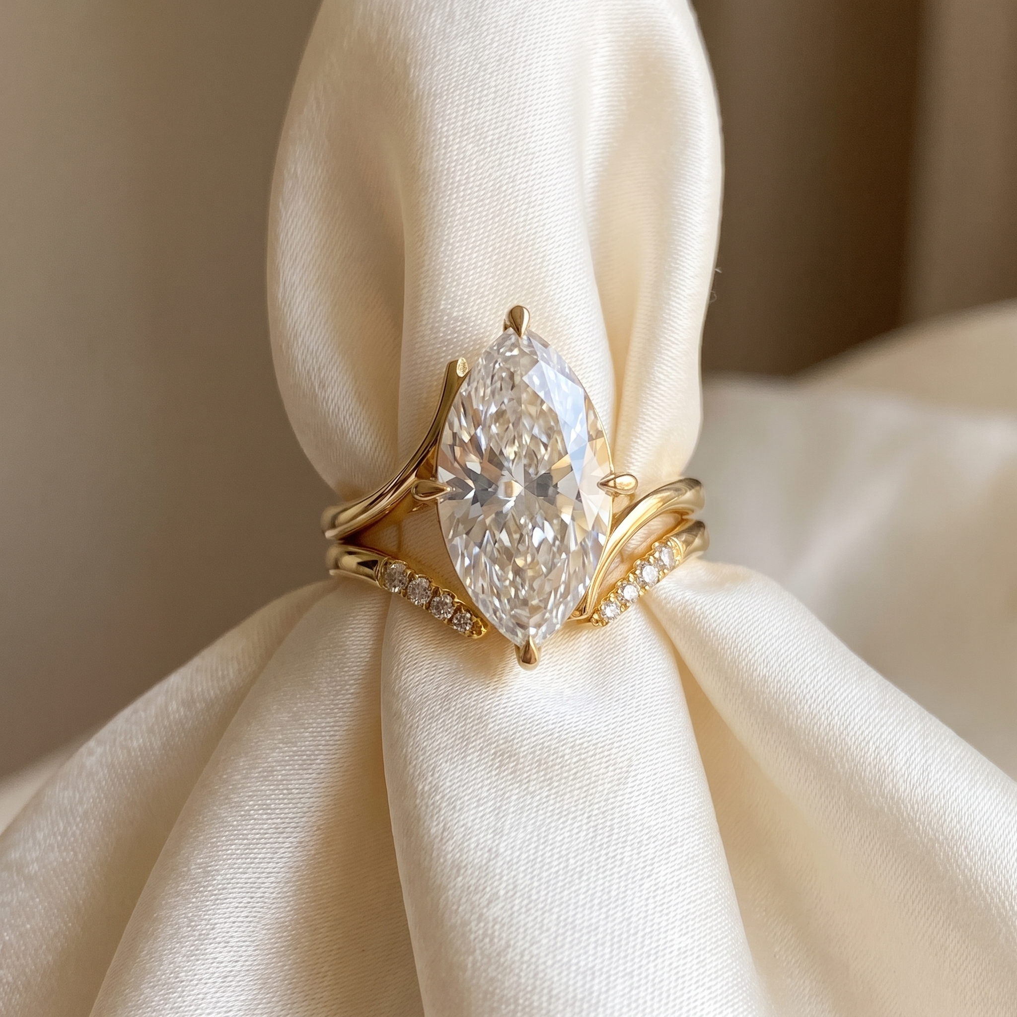 3ct marquise diamond bridal set styled on ivory silk, plain split shank solitaire pave chevron band