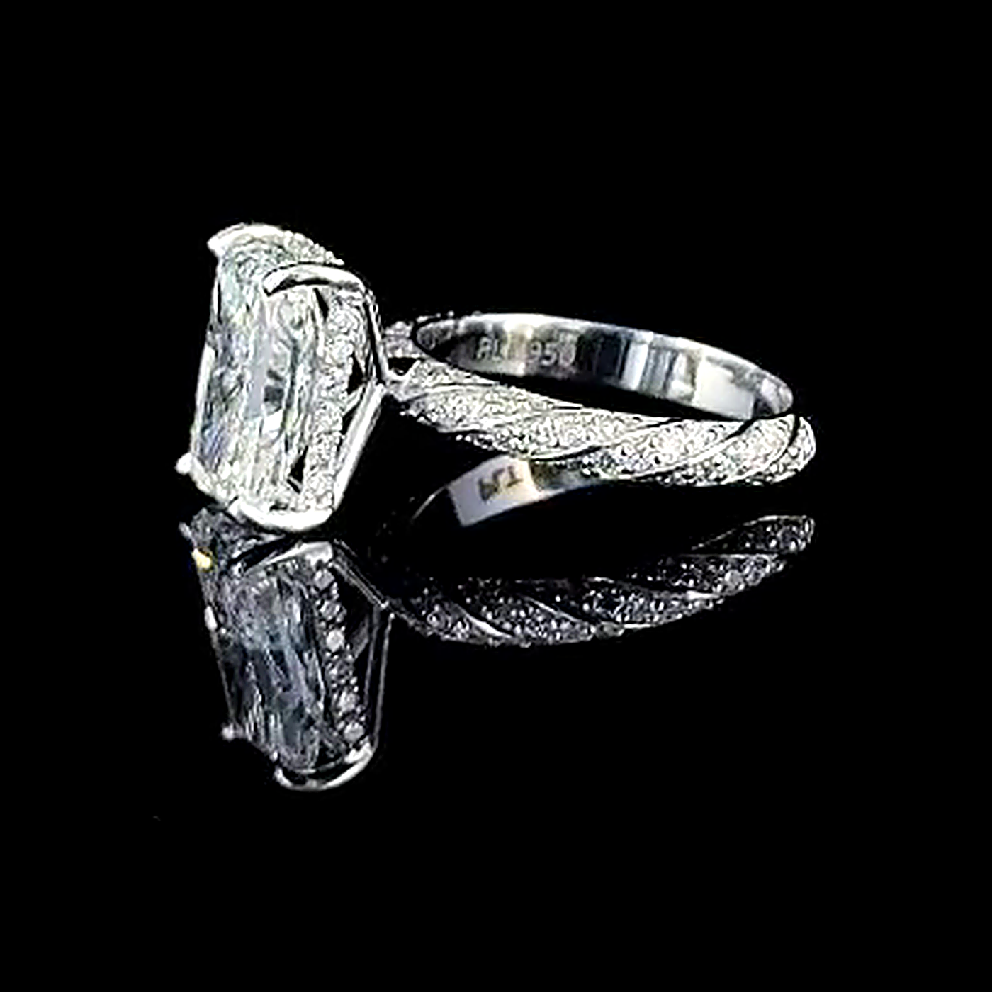 5ct radiant cut lab grown diamond engagement ring, real side profile of the elongated radiant and engraved pave band