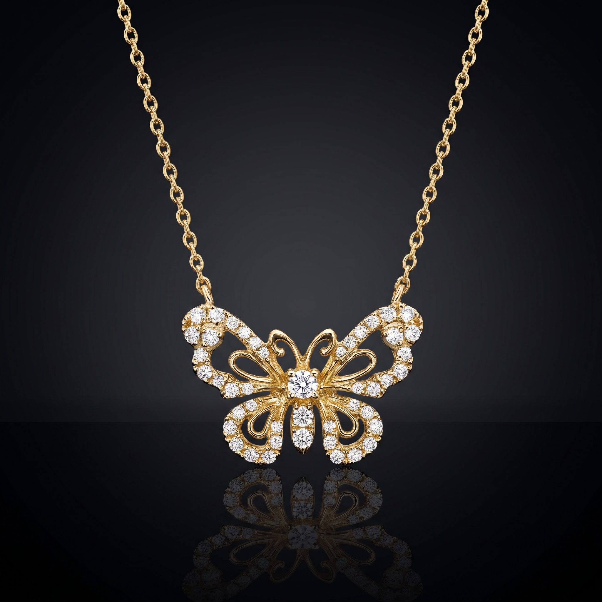 1ct butterfly pendant lab grown diamond necklace, on a black background