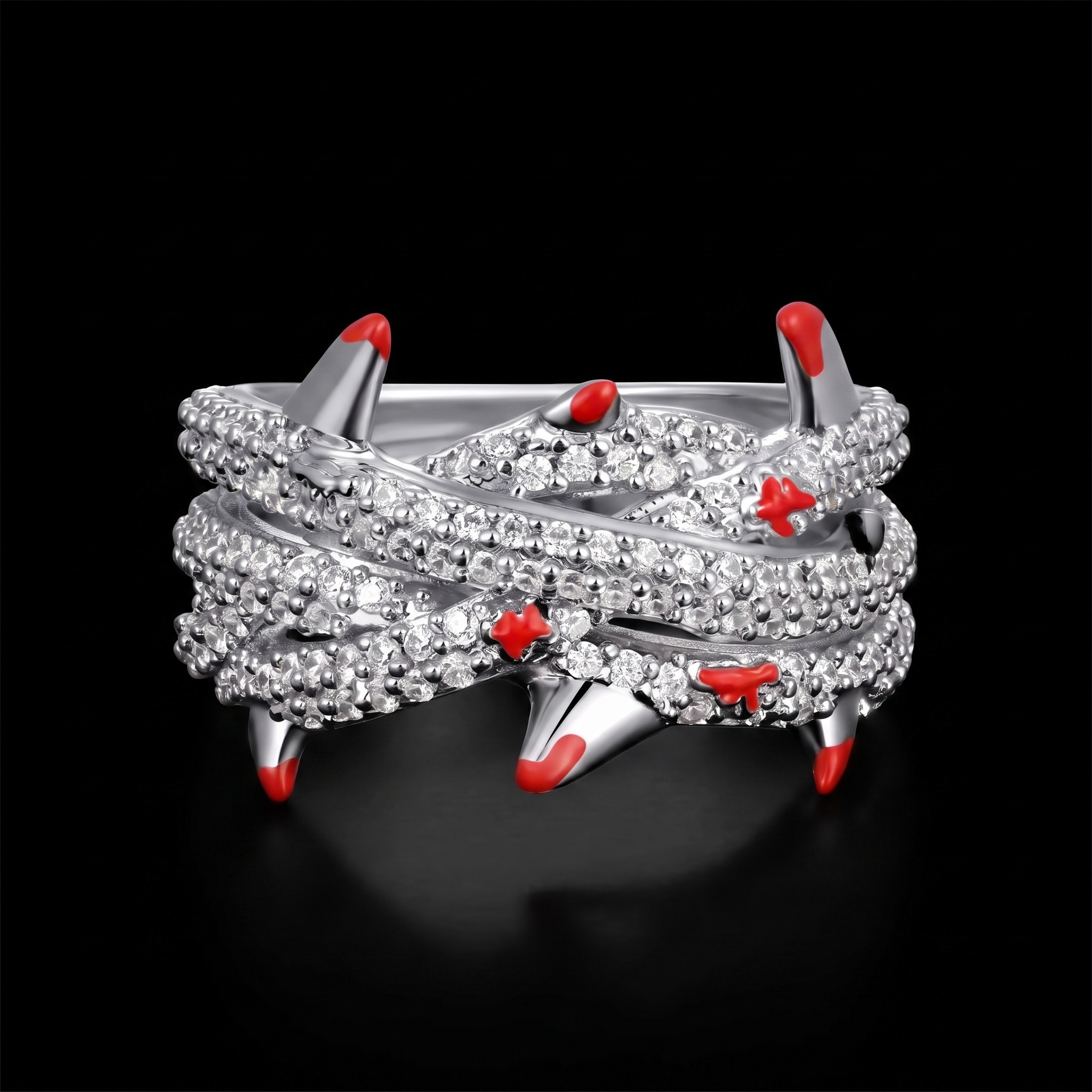 2.55ct Crimson Thorns lab diamond ring on black, three-quarter view, red enamel thorn tips