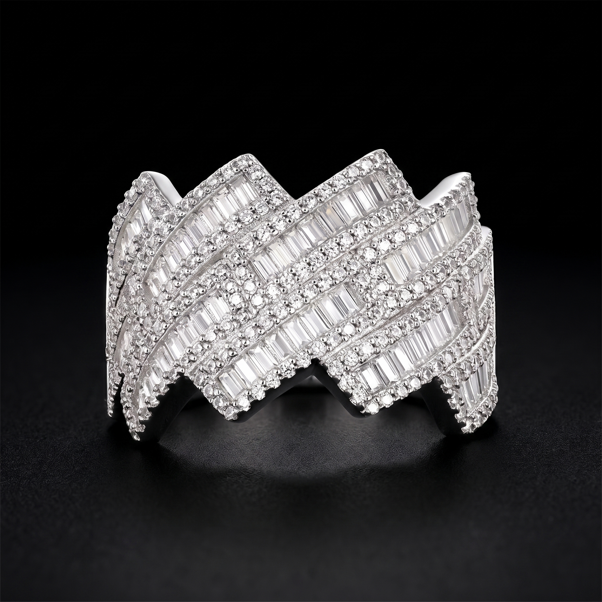 4.5ct baguette and round lab diamond weave ring on black, interwoven bands, three-quarter view