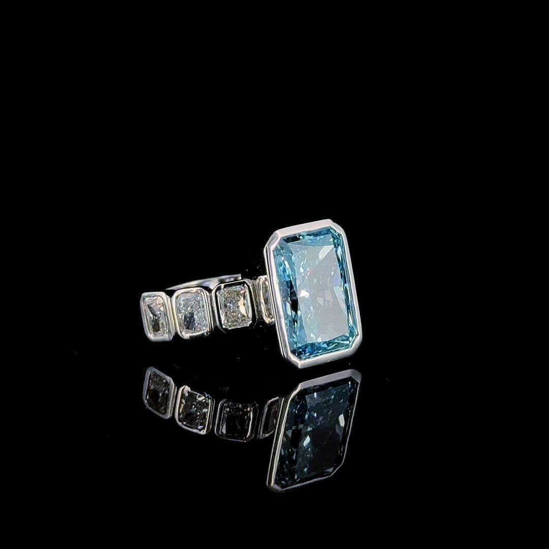 blue radiant cut lab grown diamond ring profile, step down shoulders