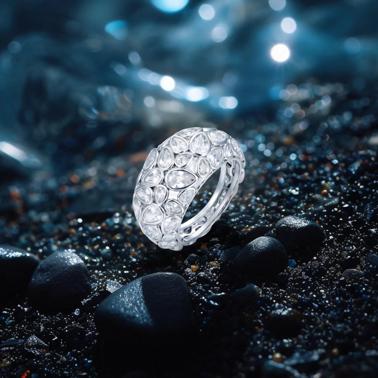 5.4ct Lab Diamond Dome Ring side profile, pear cut lab diamond detail