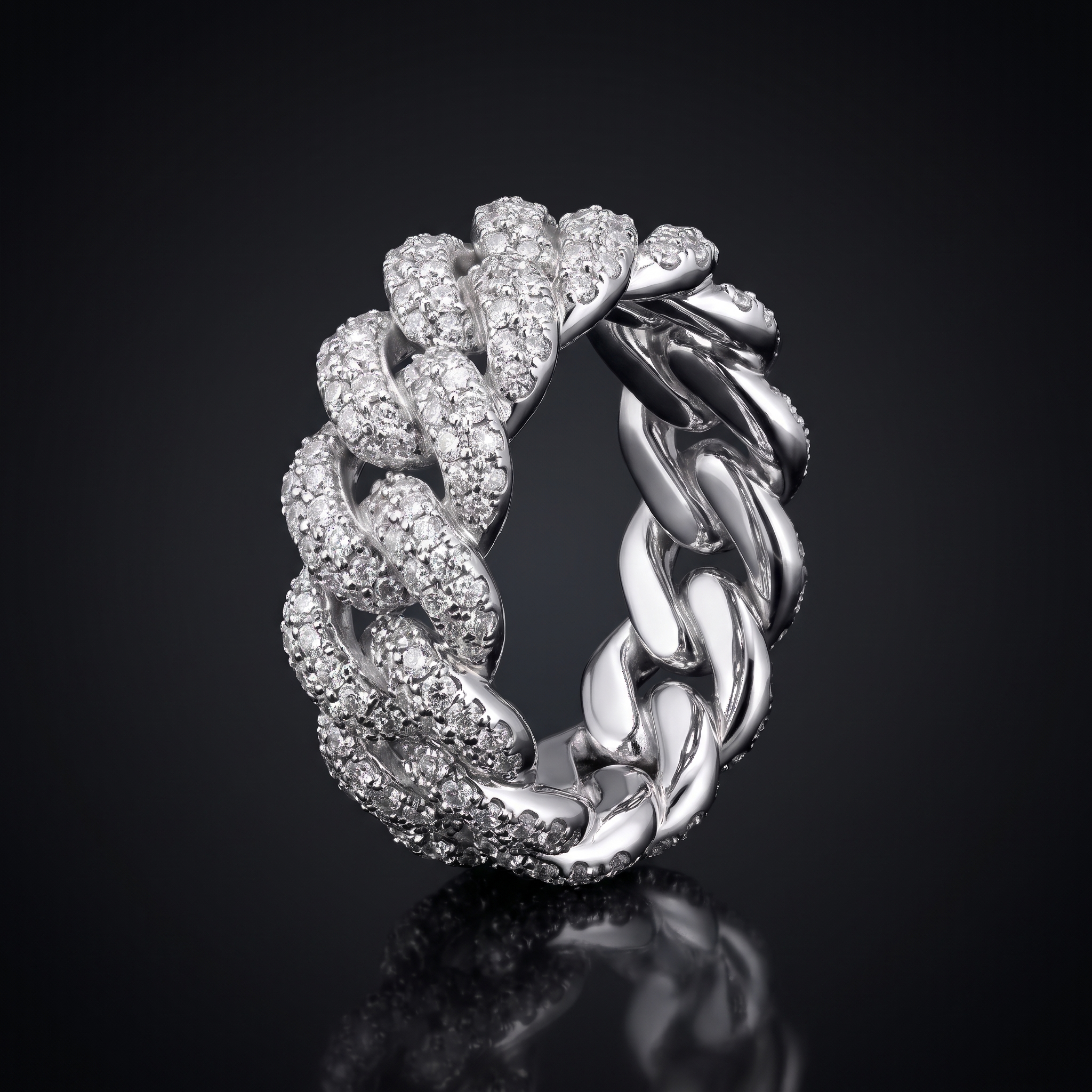 3ct cuban weave lab grown diamond band, on a black background