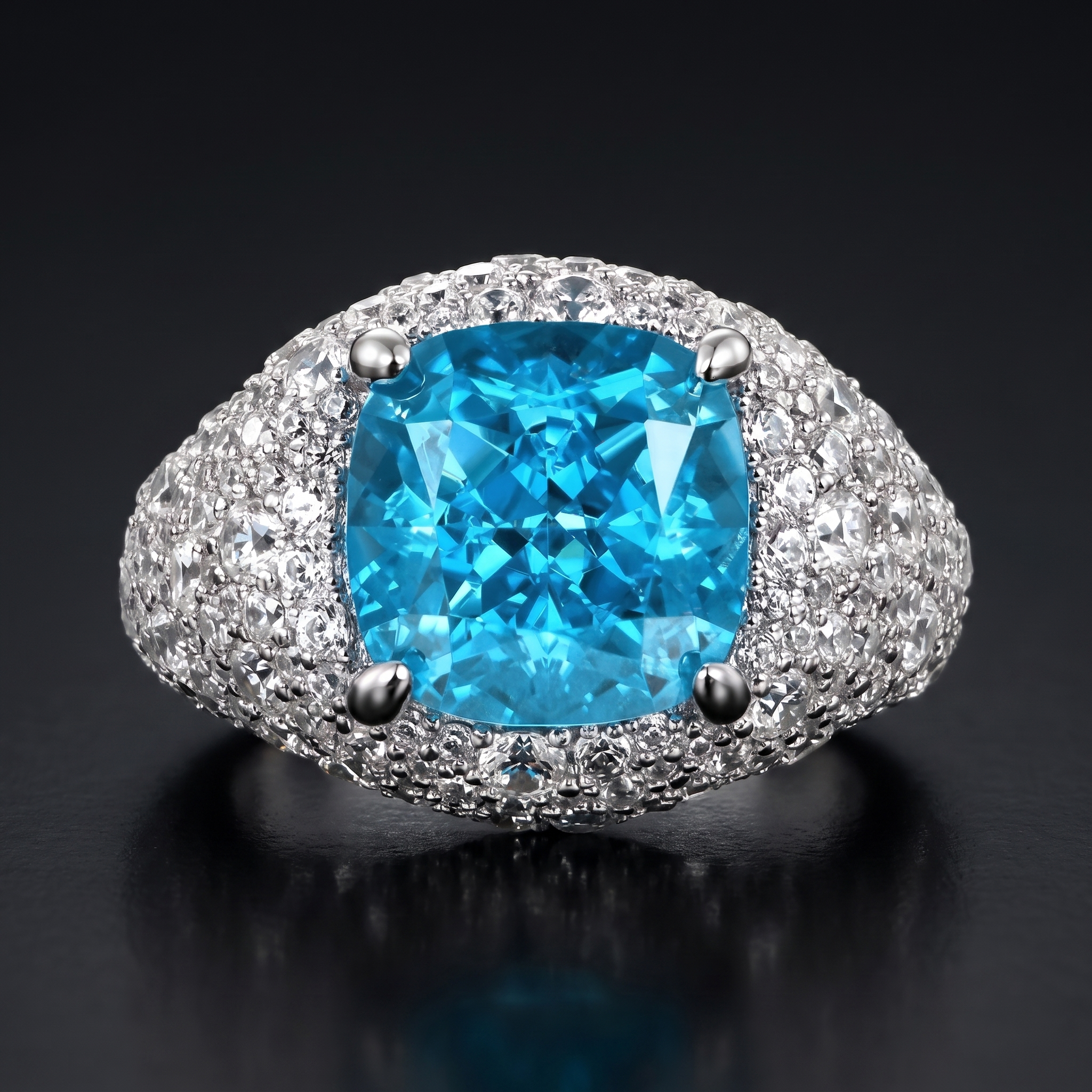 9.03ct cushion blue pavé lab grown diamond ring, on a black background