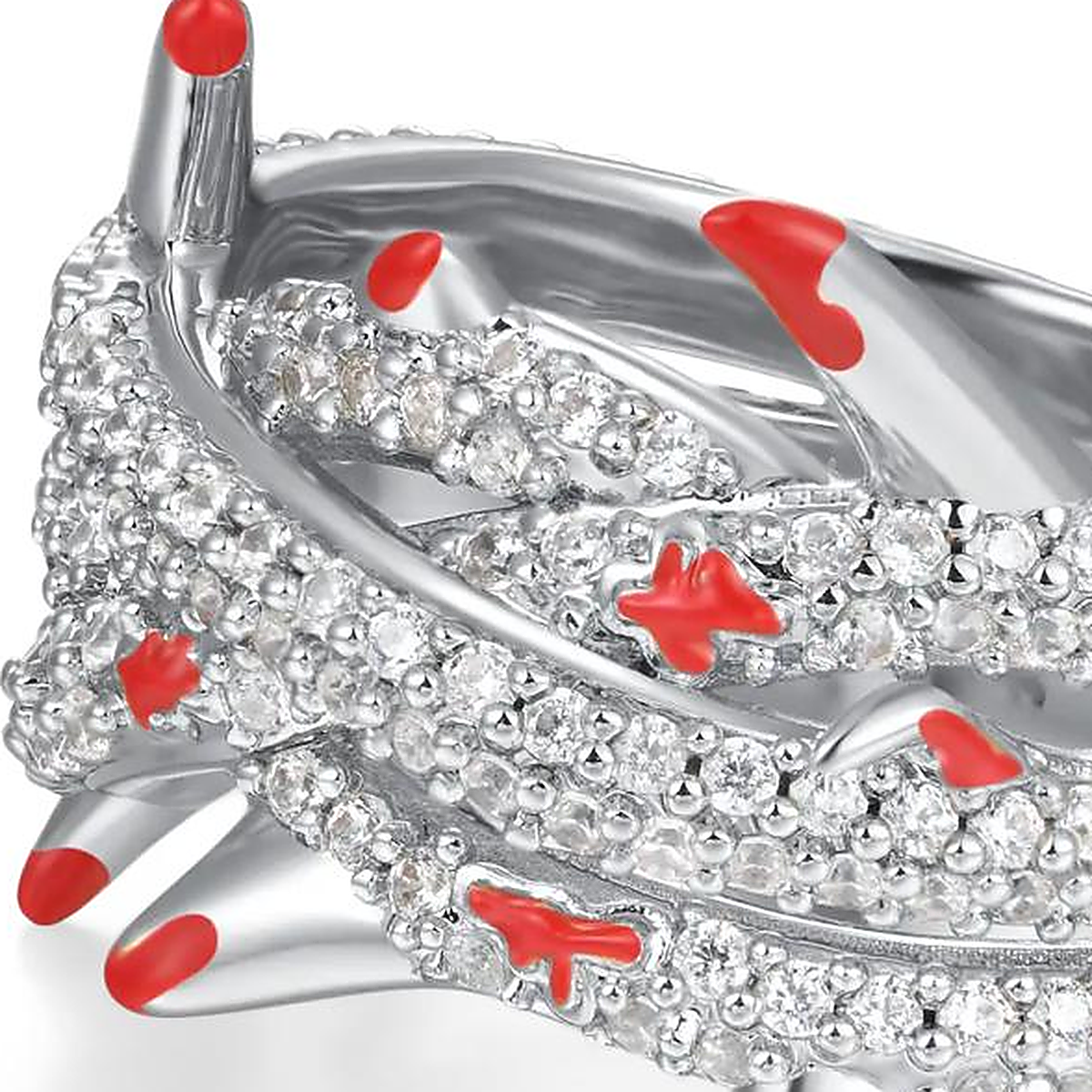 Crimson Thorns ring detail macro, red enamel drips on thorn tips over pave set lab diamonds