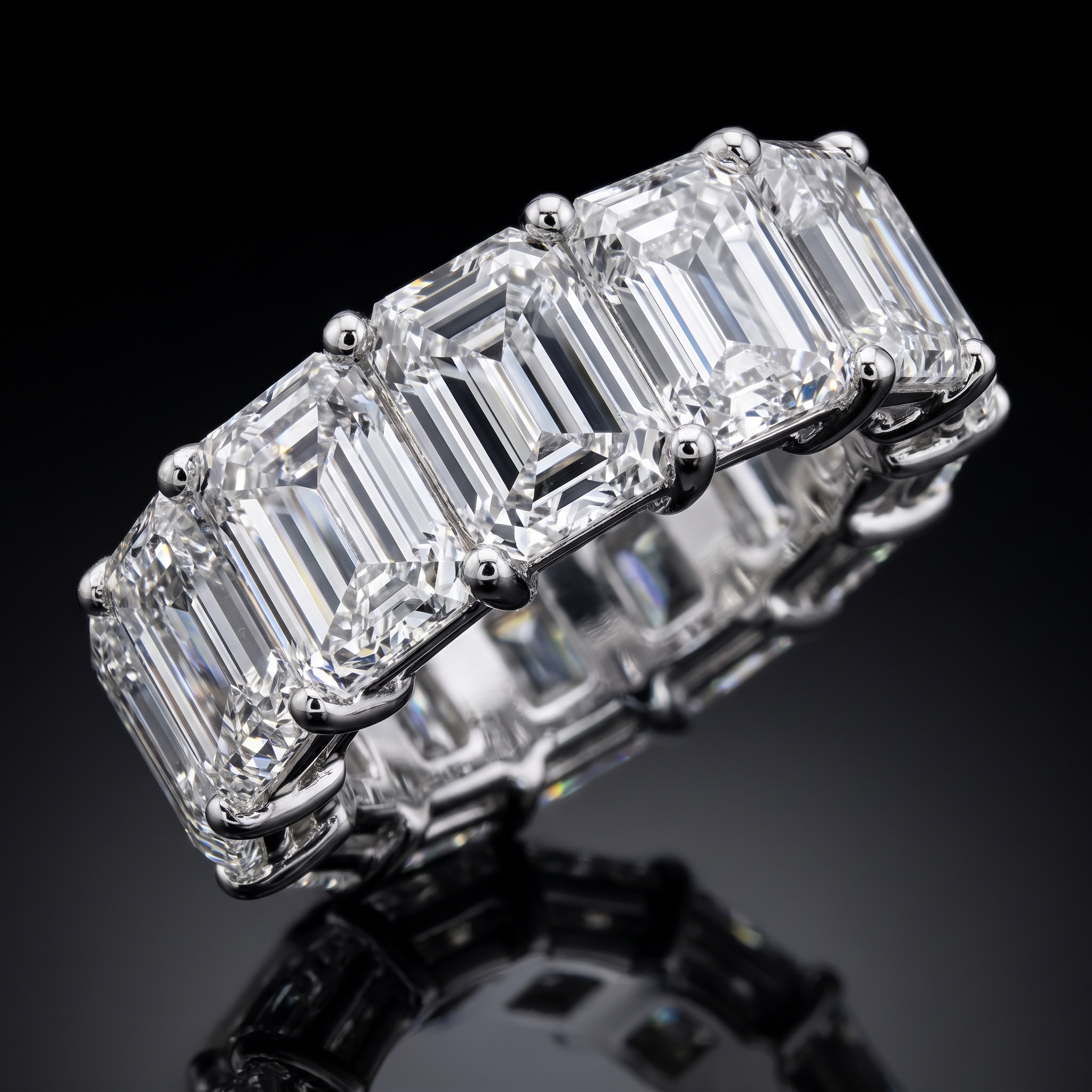 emerald cut lab diamond eternity band shared prong macro, step cut facets