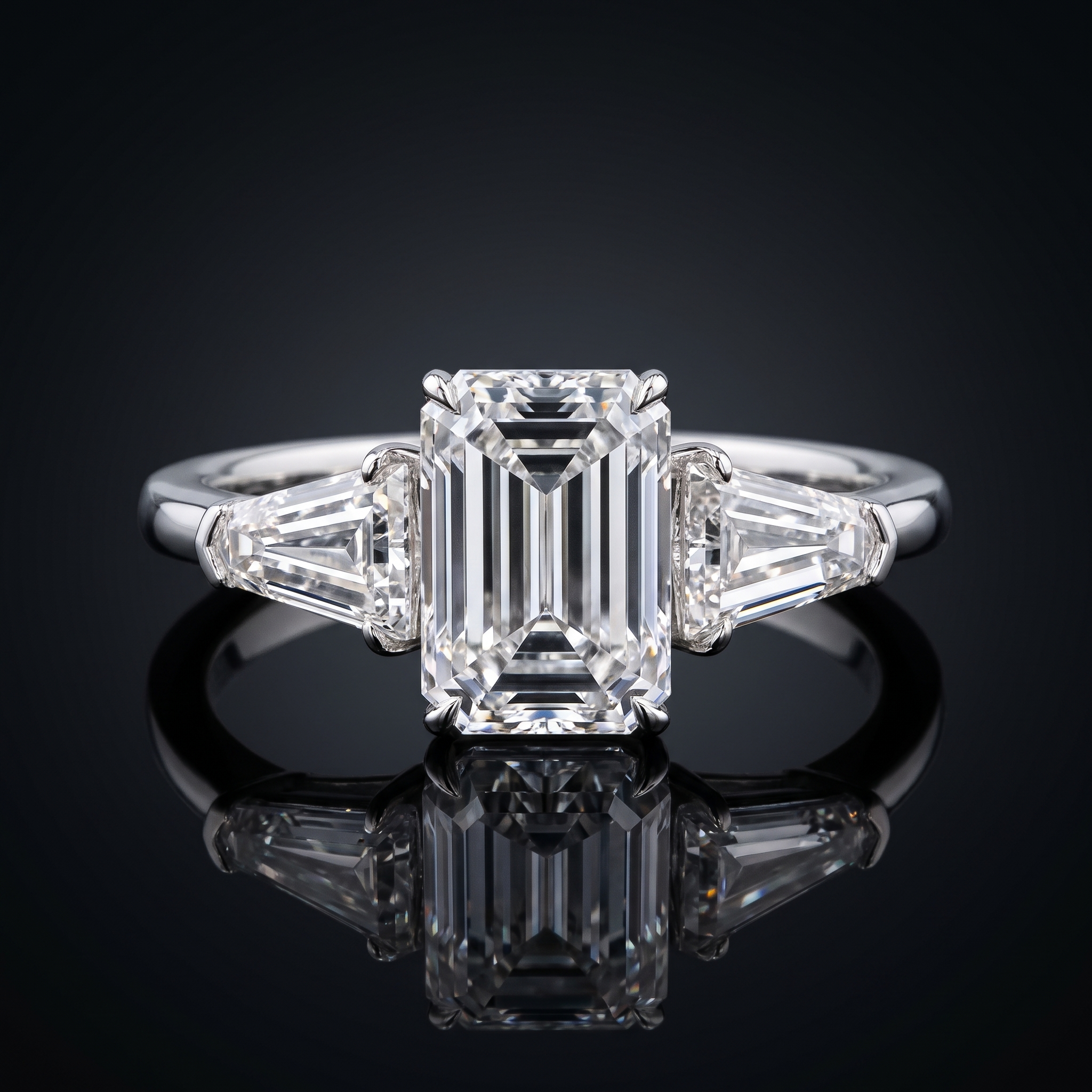 5ct emerald cut lab grown diamond ring with tapered shields on black