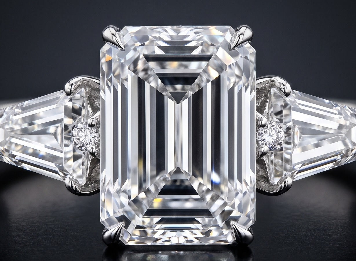 5ct emerald cut lab diamond ring tapered shield detail, macro