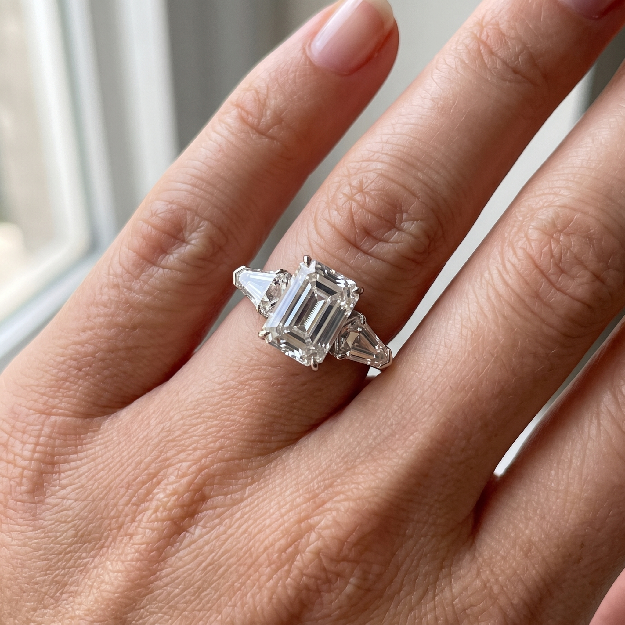 5ct emerald cut lab diamond ring with shield sides worn on hand, true to size