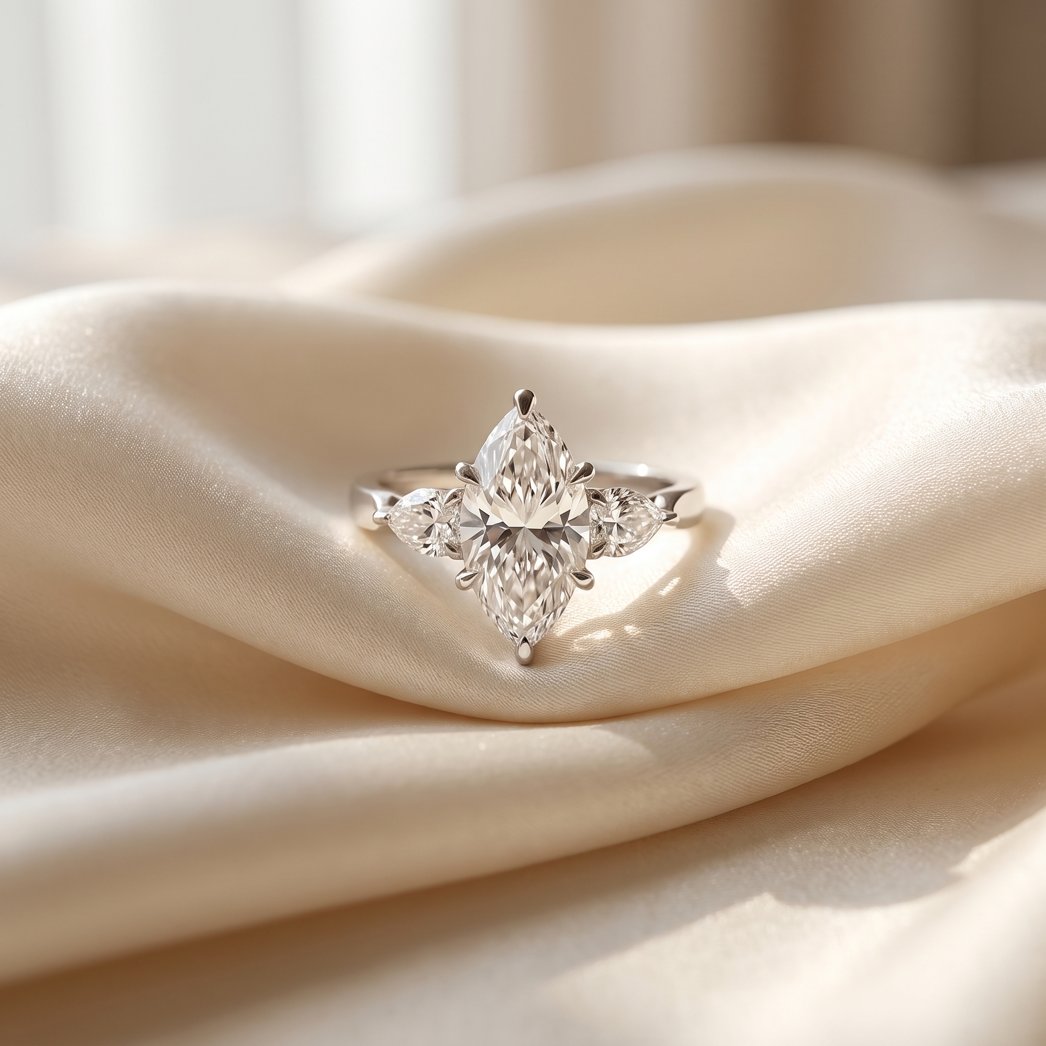 2.1ct marquise dawn lab grown diamond ring styled on ivory silk, luxury still life