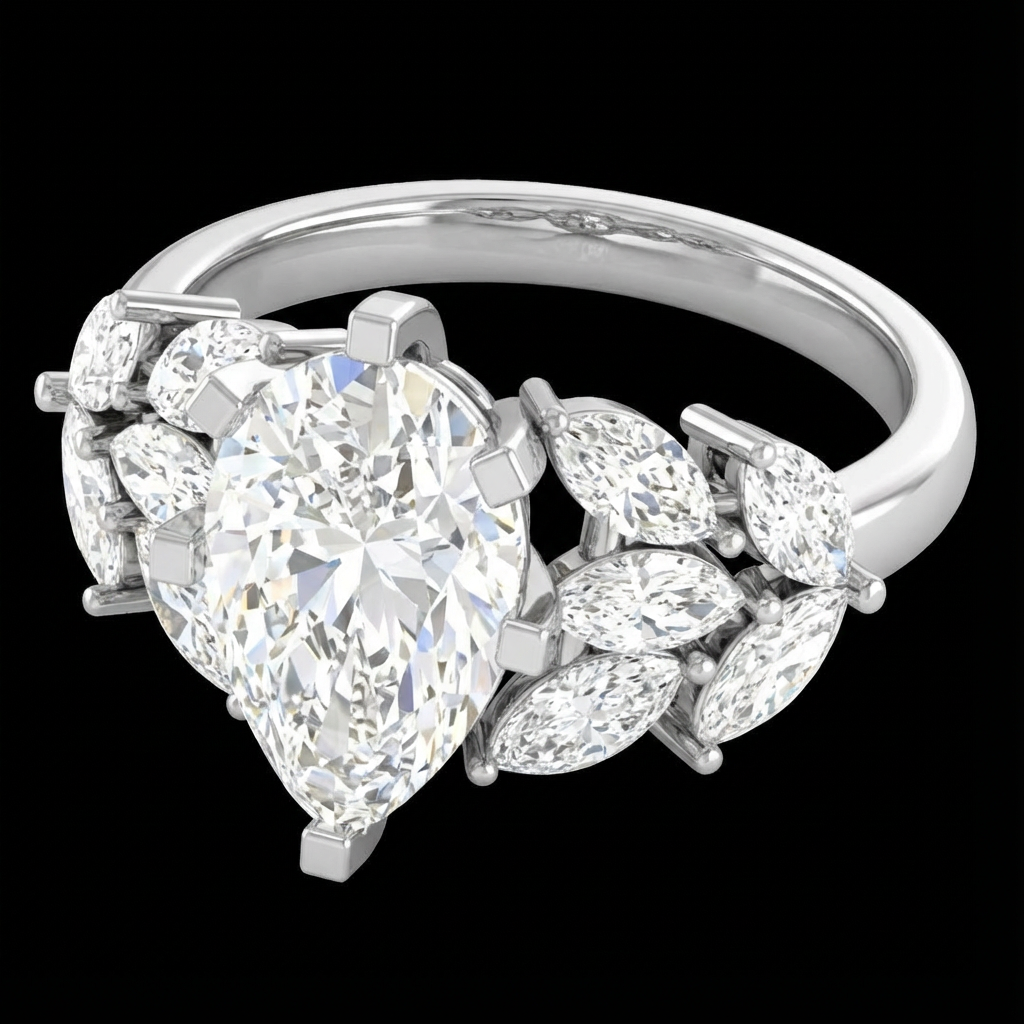 1.90ct Pear Lab Grown Diamond Engagement Ring with Marquise Side Stones 10K Gold IGI Certified DEF VS side profile, pear cut