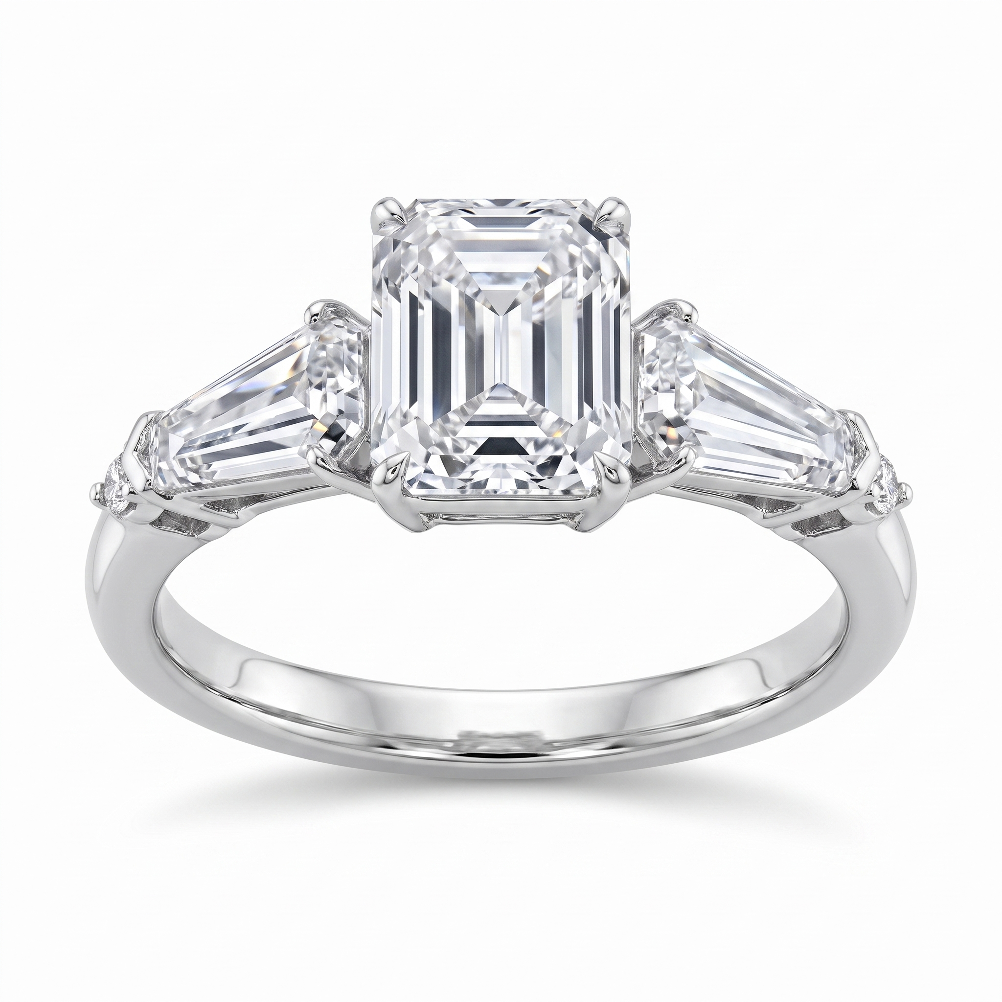 3ct emerald cut lab grown diamond ring with tapered shield sides, white background