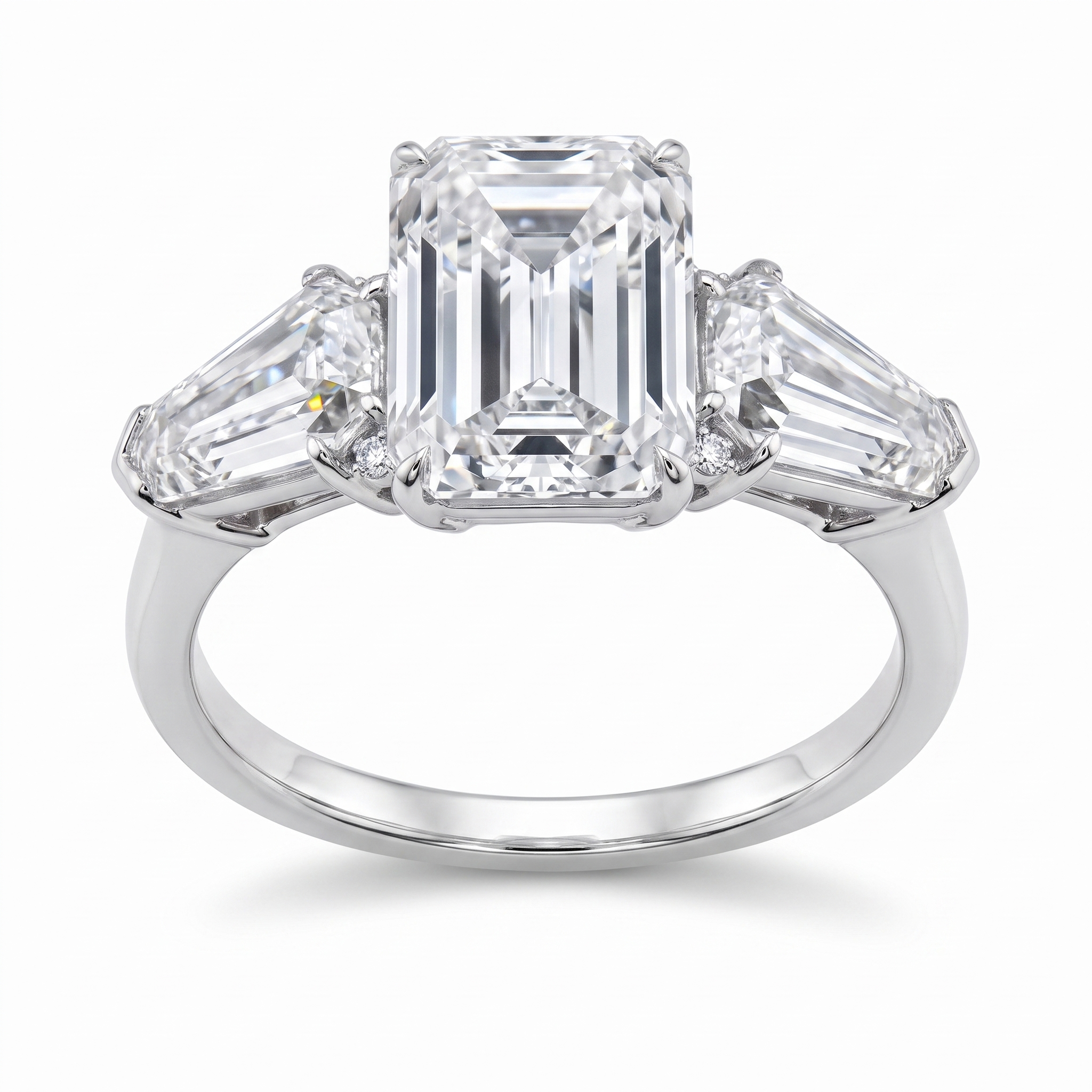 5ct emerald cut lab grown diamond ring with tapered shield sides, white background
