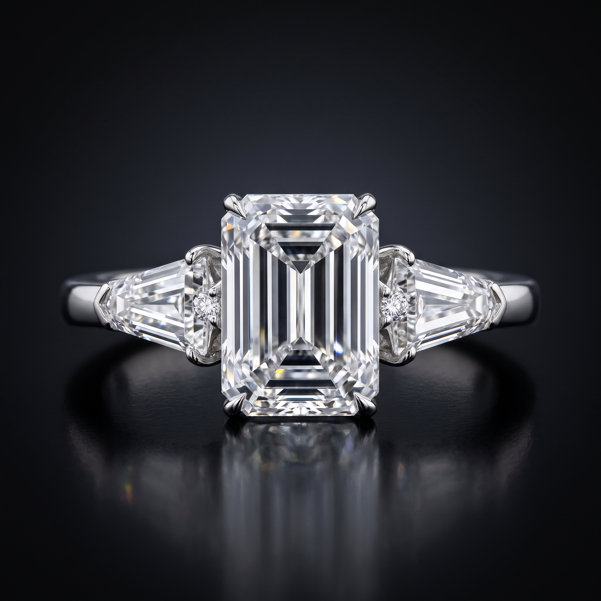 5ct emerald cut lab diamond ring with tapered shields, black hero