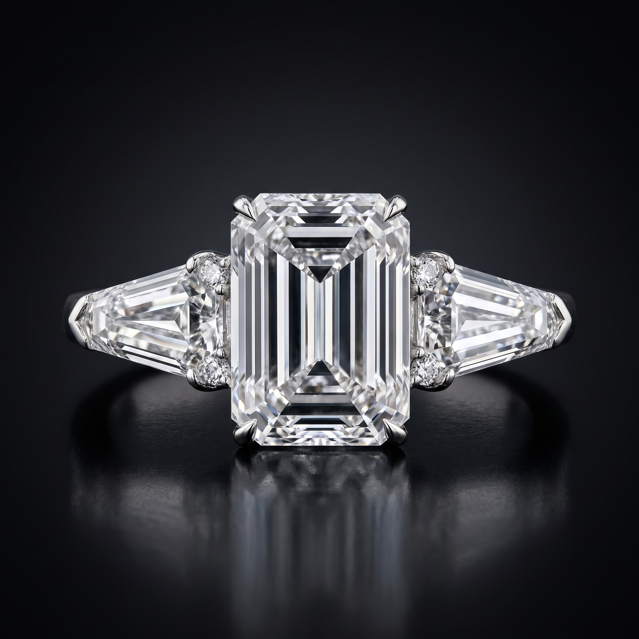 5ct emerald cut lab diamond three stone ring, tapered shields three-quarter