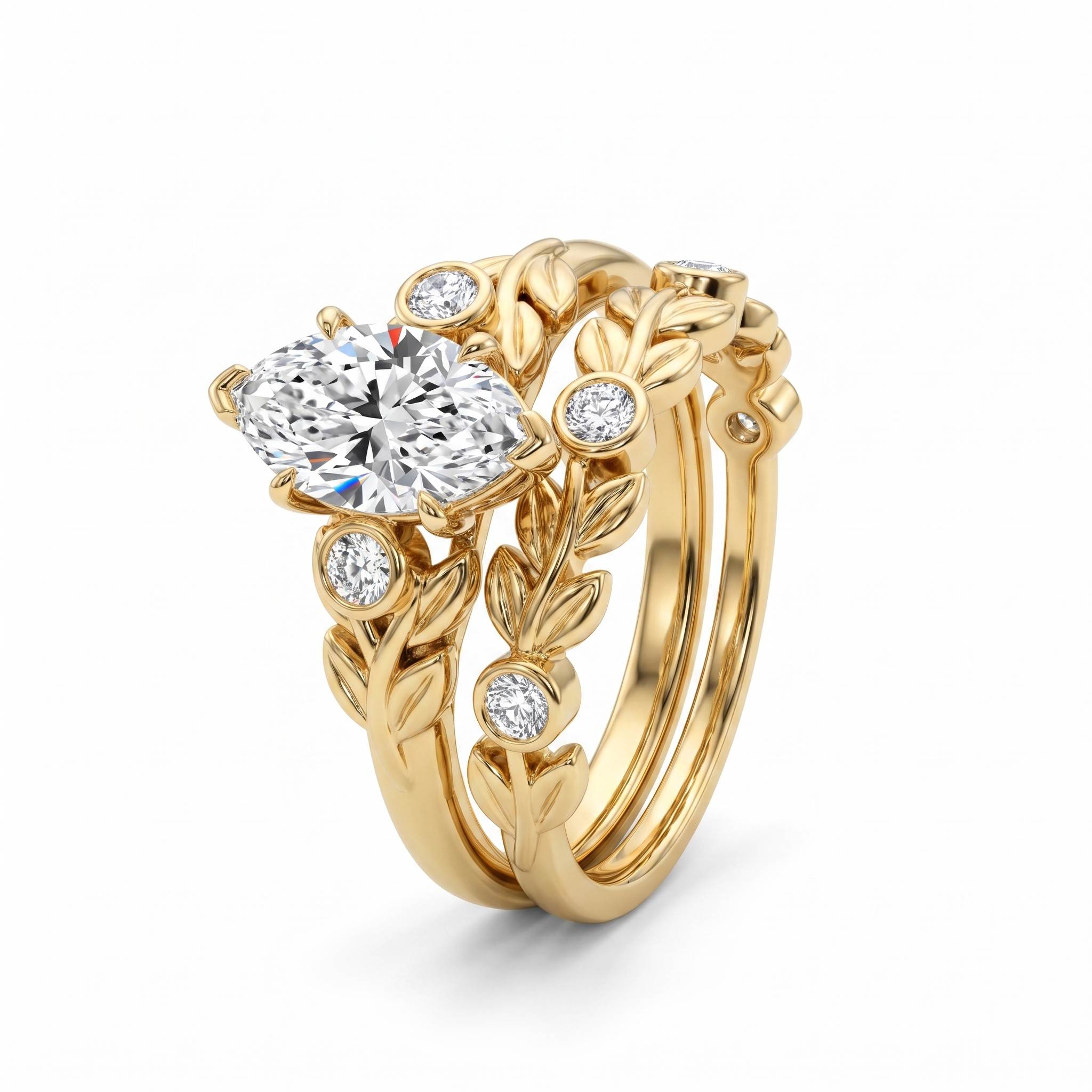 3ct marquise leaf lab grown diamond bridal set, both rings, white background
