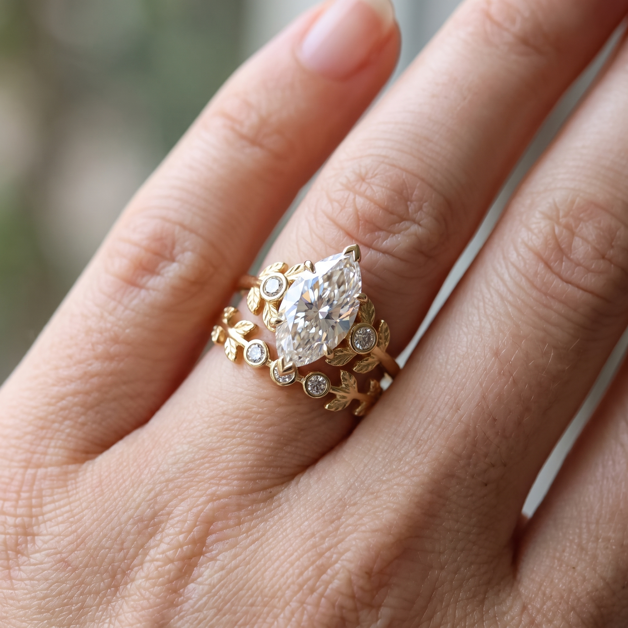 3ct marquise leaf lab diamond bridal set worn on hand, ring and leaf band stacked
