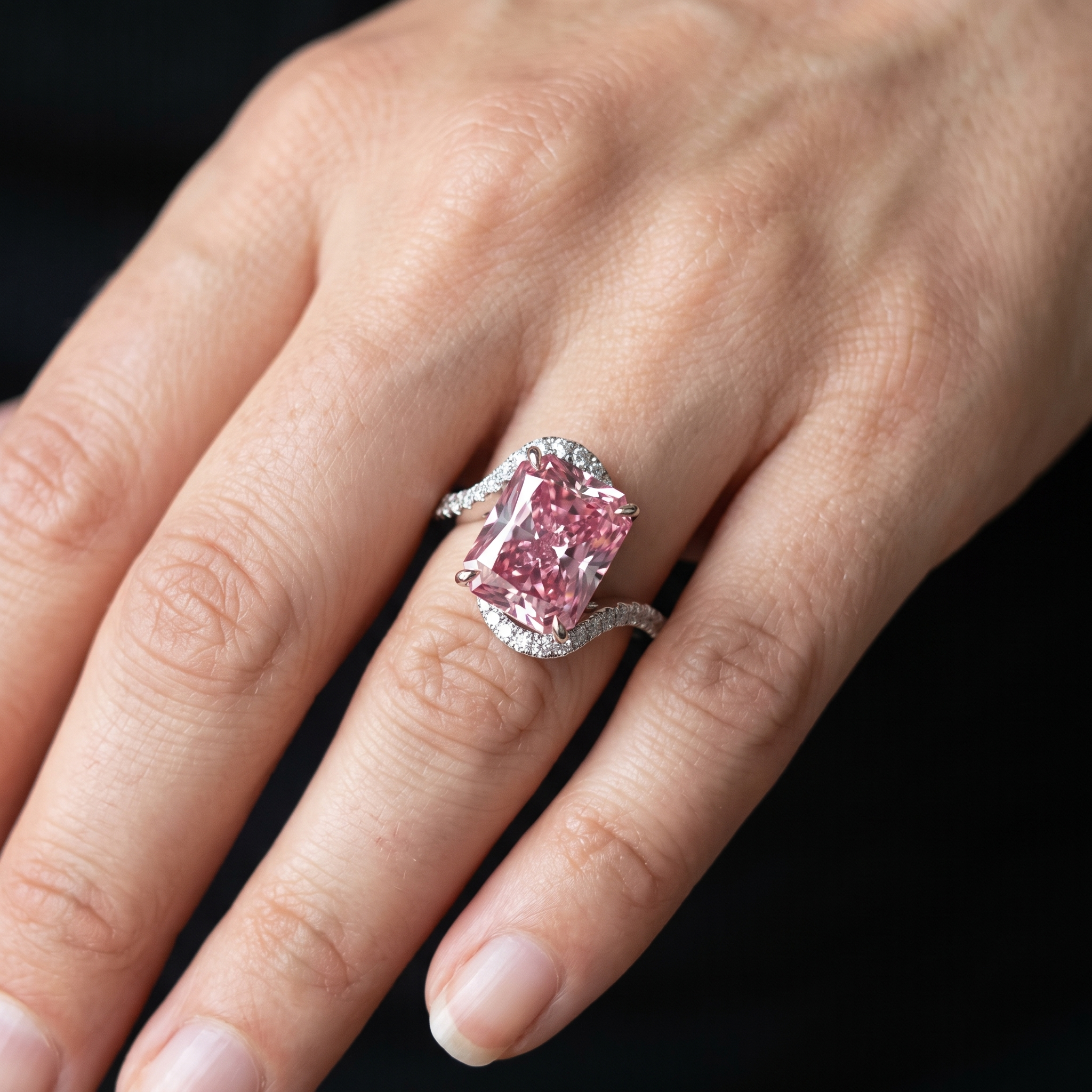 5ct fancy pink radiant lab diamond ring worn on hand, true to size