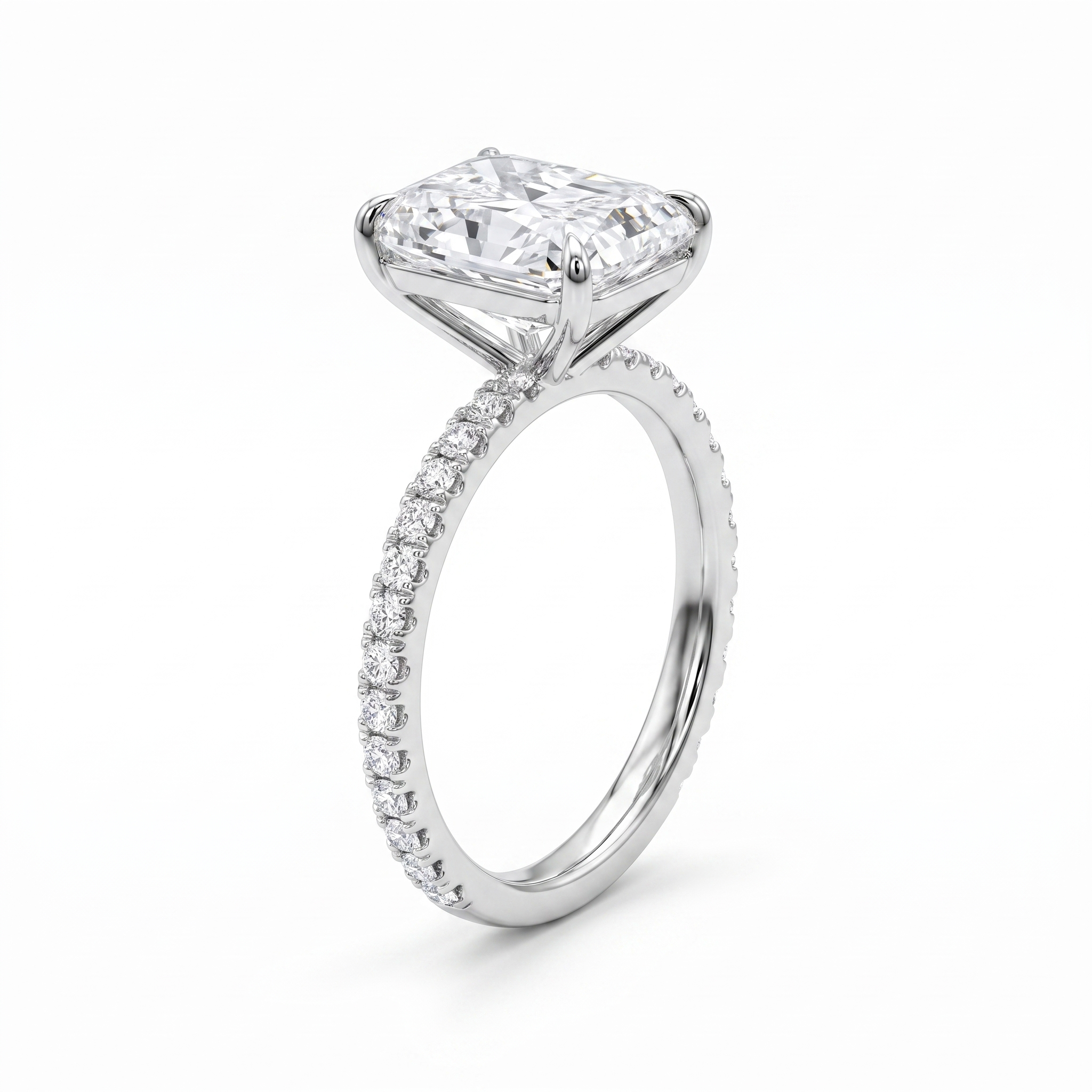 5ct radiant lab grown diamond engagement ring, slim pave band, white background