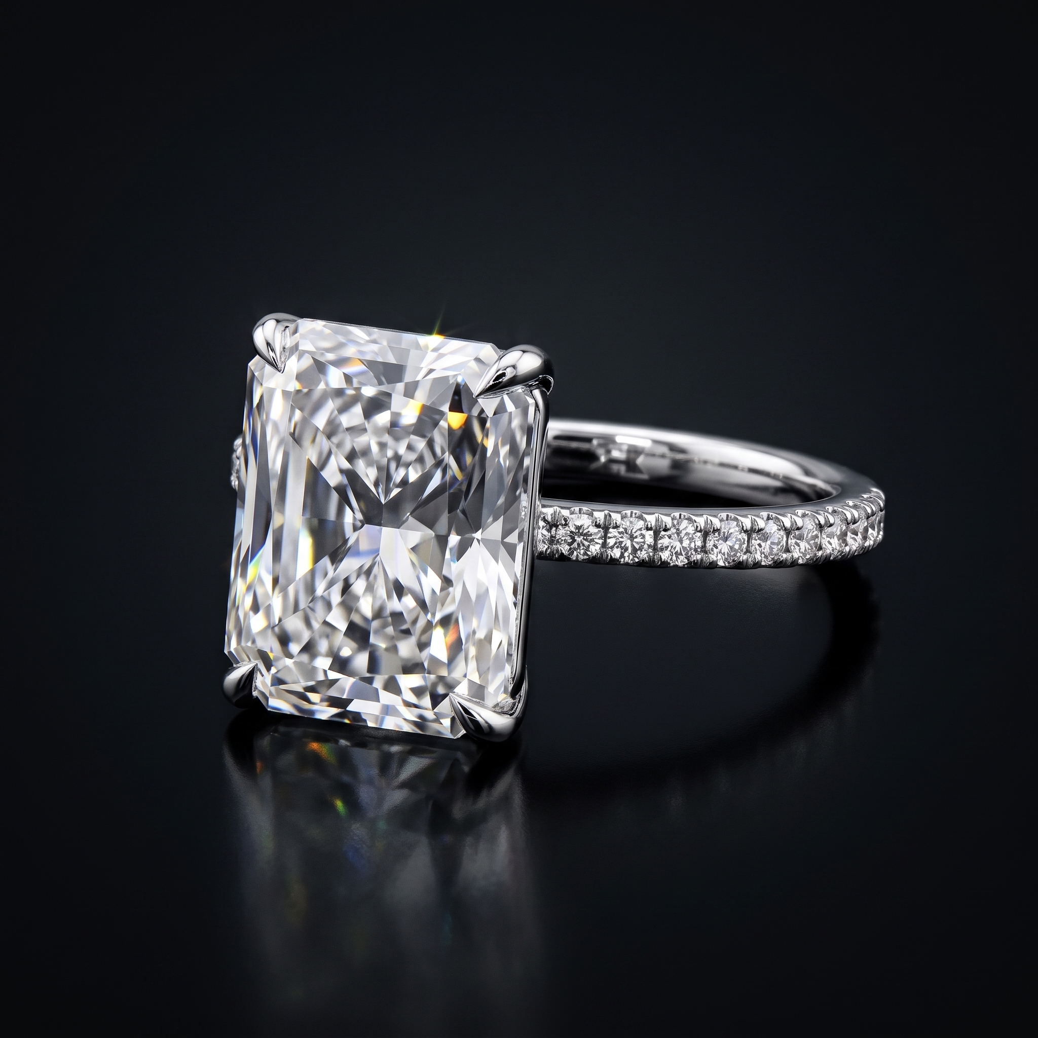 5ct radiant lab diamond engagement ring, slim band, black hero
