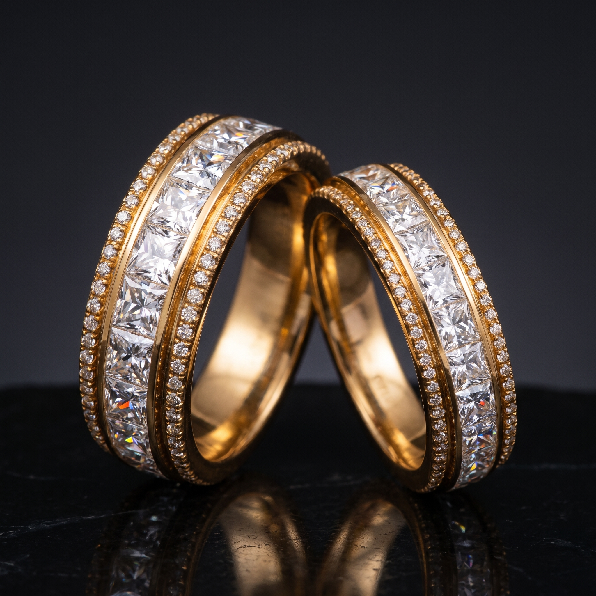 7.6ctw princess channel couple bands lab grown diamond band, on a black background