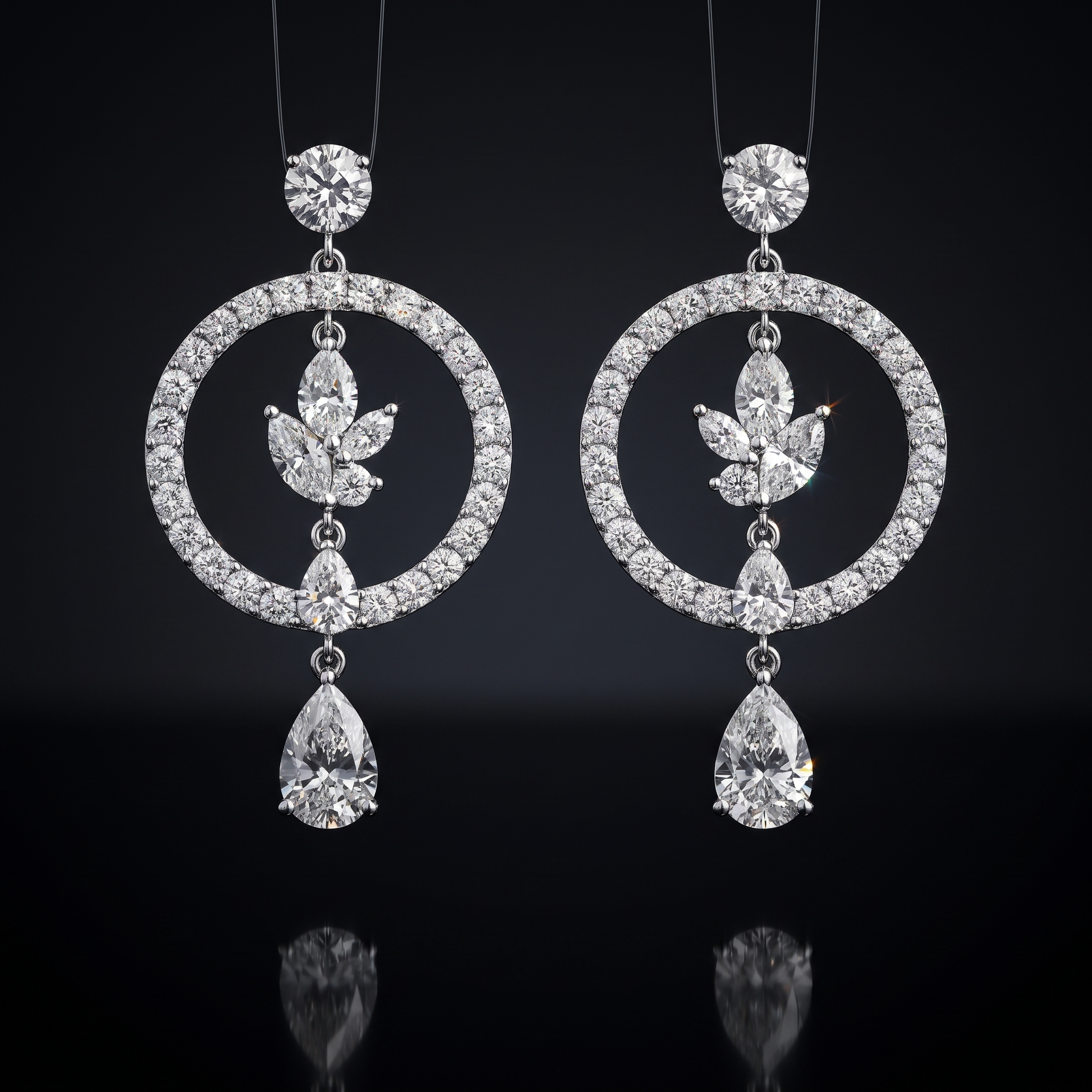 8ct halo circle drop lab grown diamond earrings, on a black background