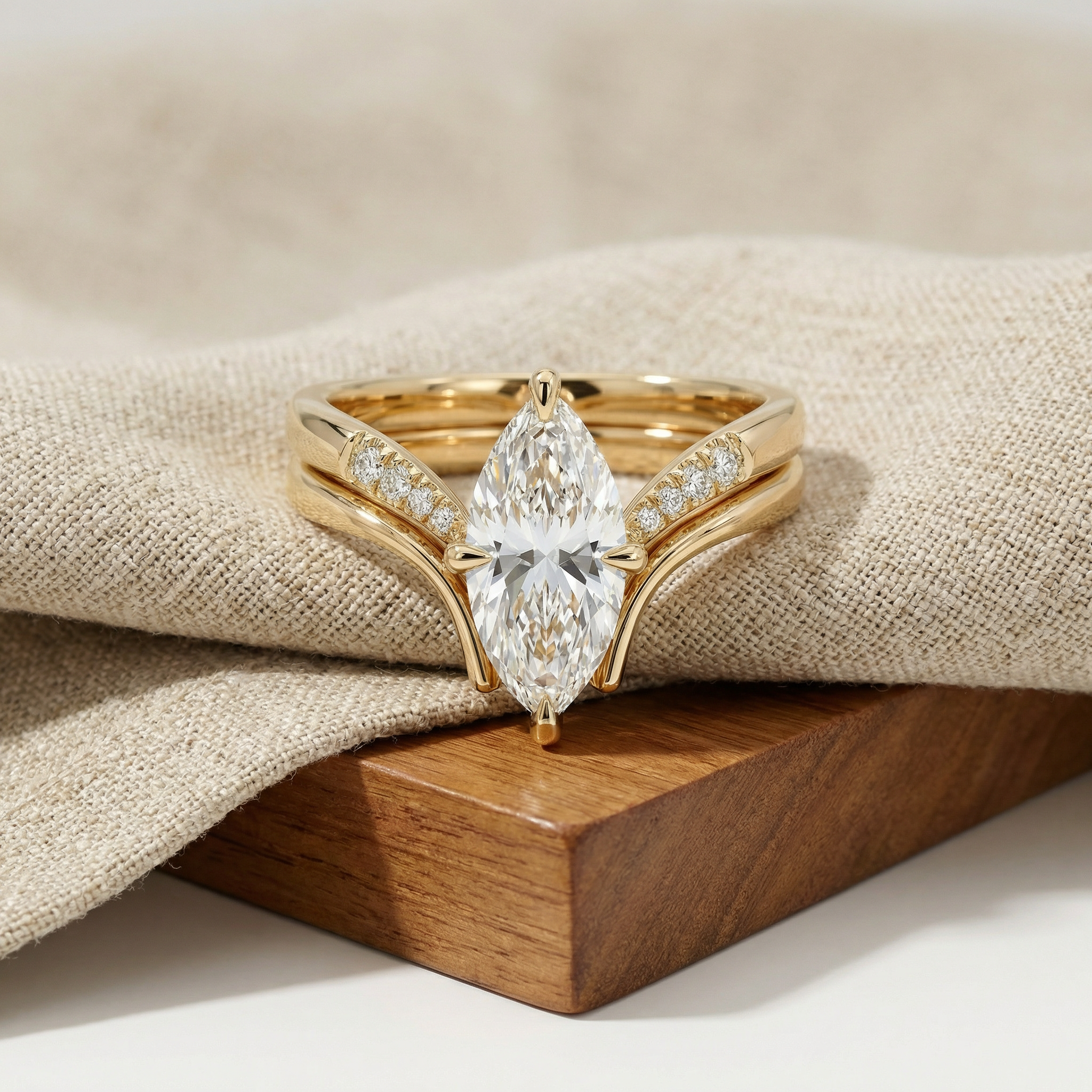 3ct Marquise Lab Diamond Engagement Ring Set side profile, marquise cut lab diamond detail