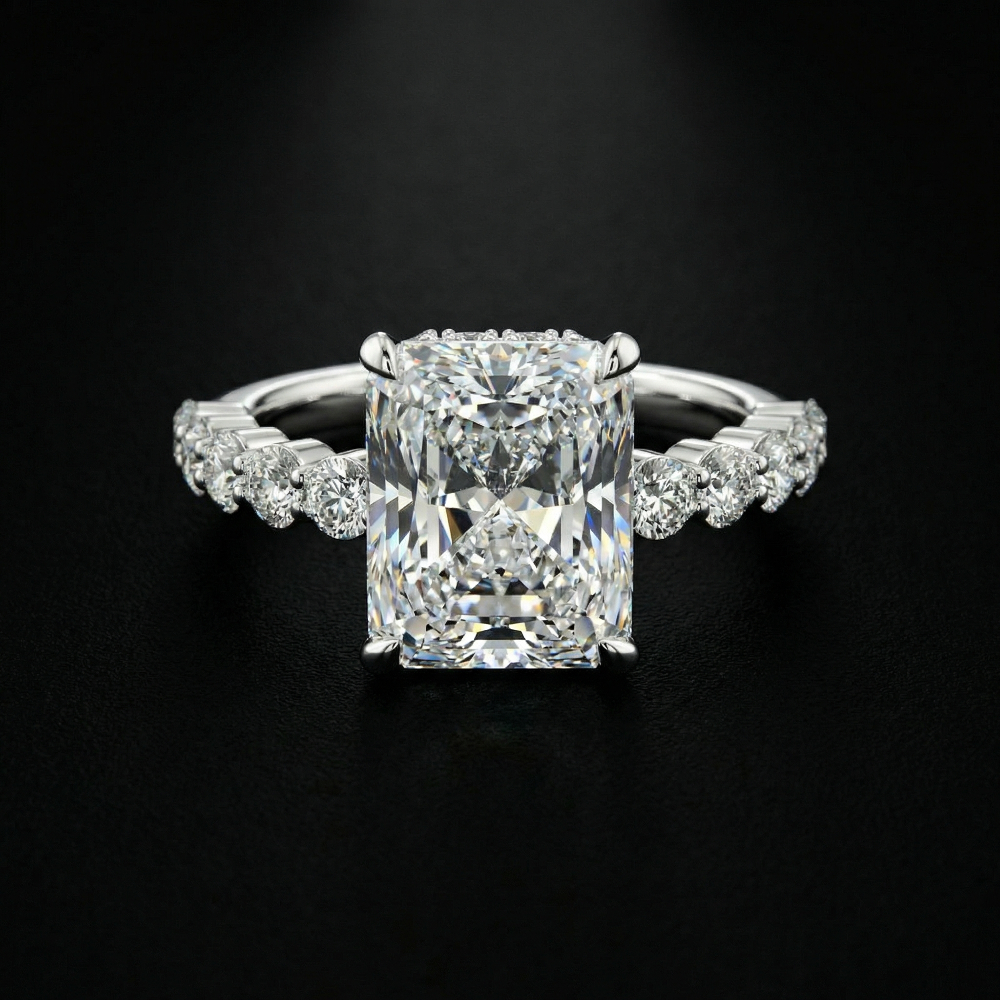 2.5ct Elongated Radiant Lab Diamond Engagement Ring side profile | radiant cut cut lab diamond detail