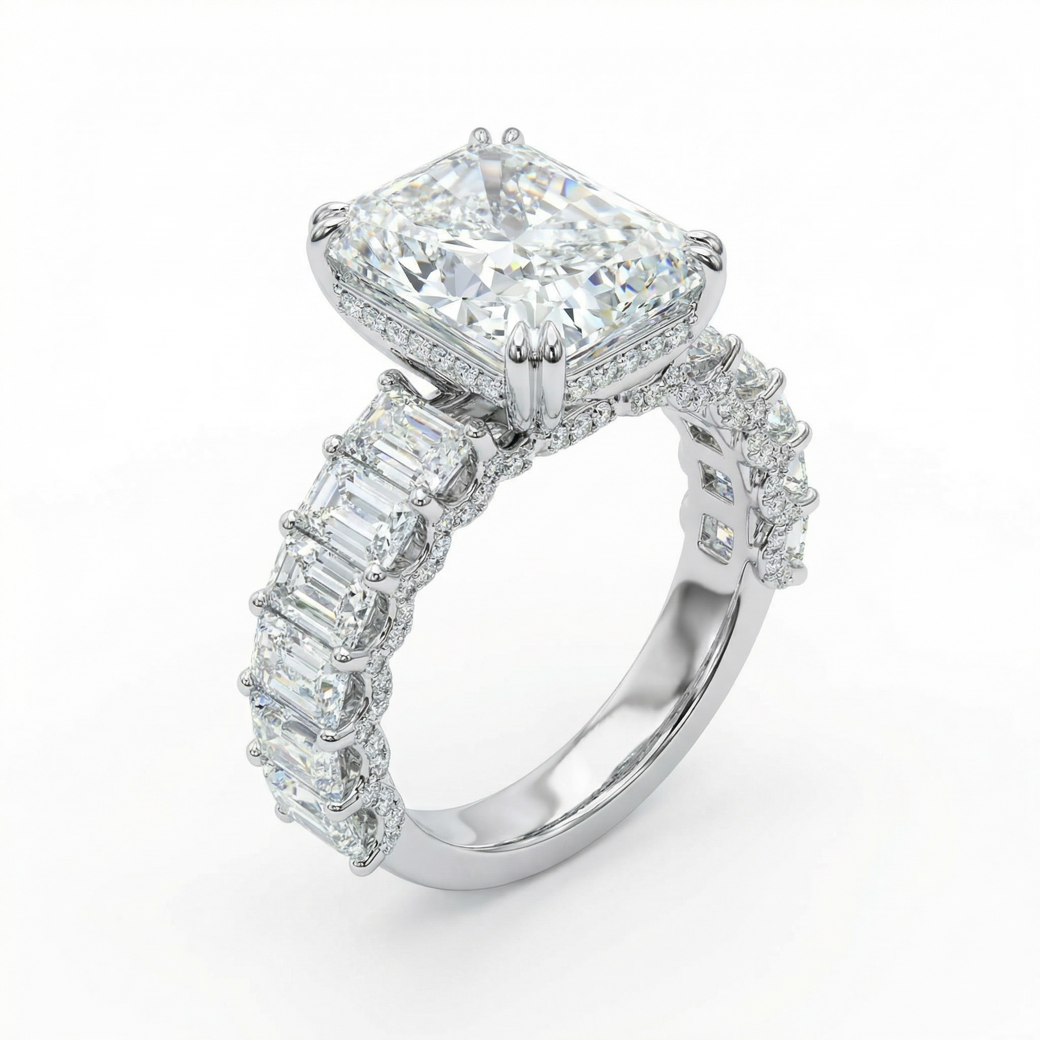 Women's 4ct Cushion Cut Diamond Ring with Emerald Side Stones | 10K Gold | Draco Diamond