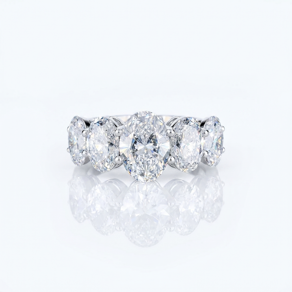 8.5ct oval five stone lab grown diamond ring, front view on a white background