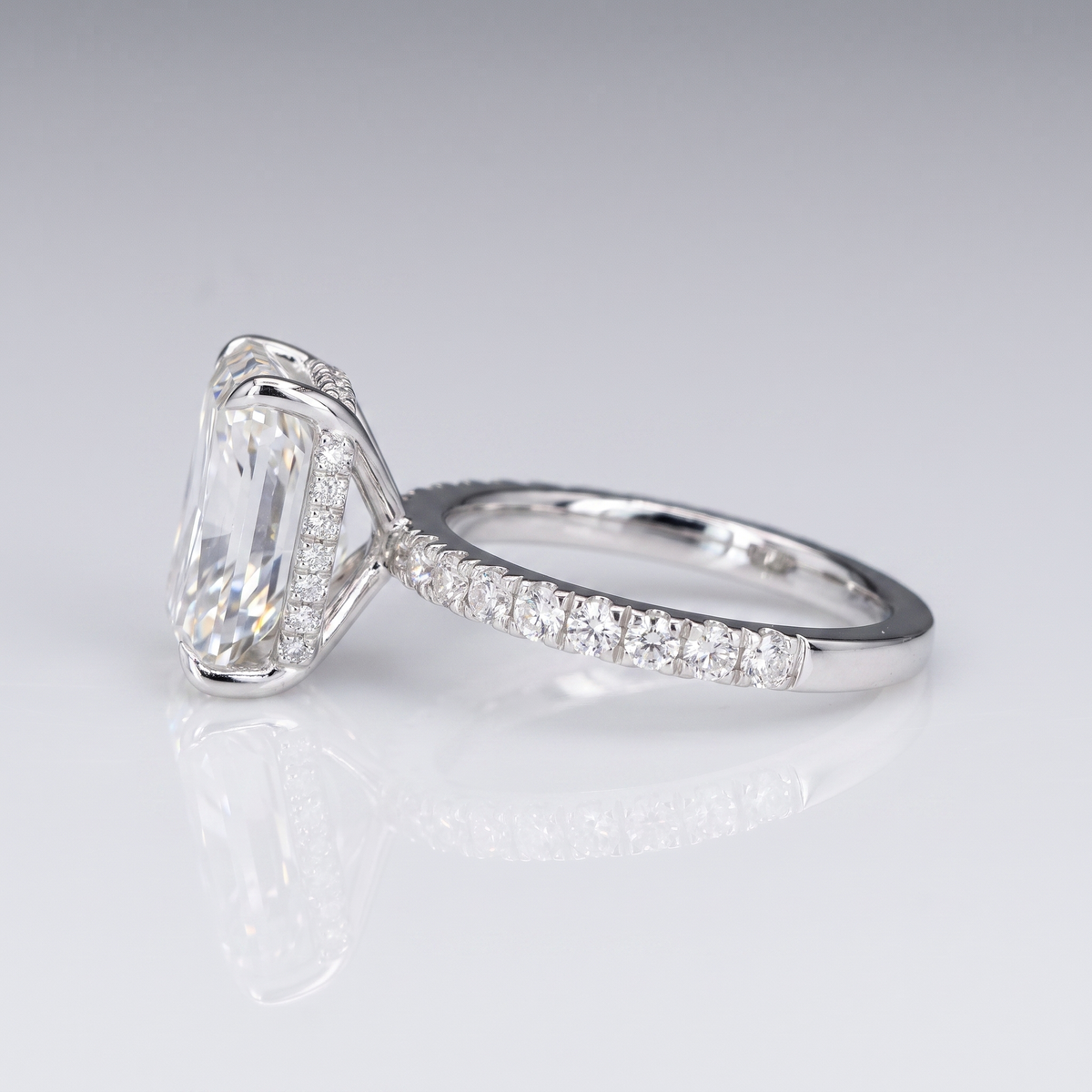 5ct radiant hidden halo lab grown diamond engagement ring, side profile showing the hidden halo beneath the center stone
