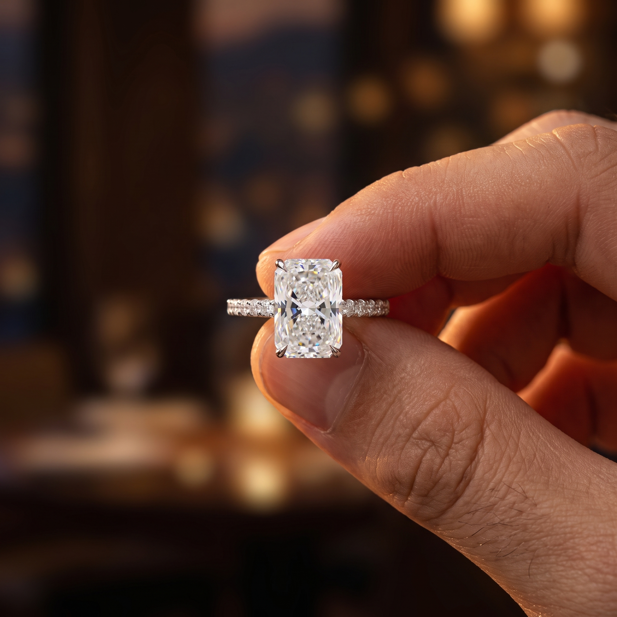 5ct radiant hidden halo lab grown diamond engagement ring held in a man's hand during a proposal