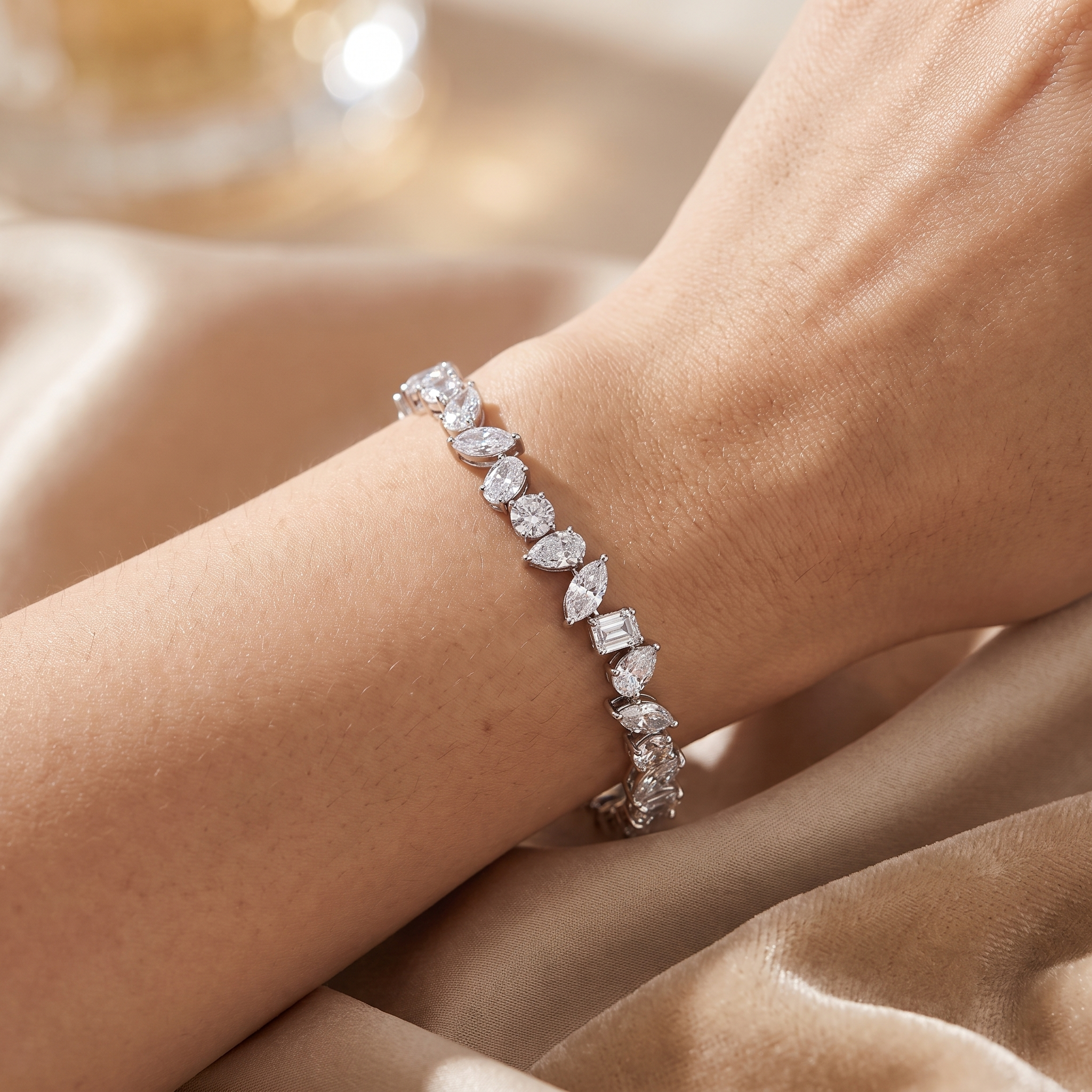 12ct mixed shape lab grown diamond tennis bracelet worn on a womans wrist