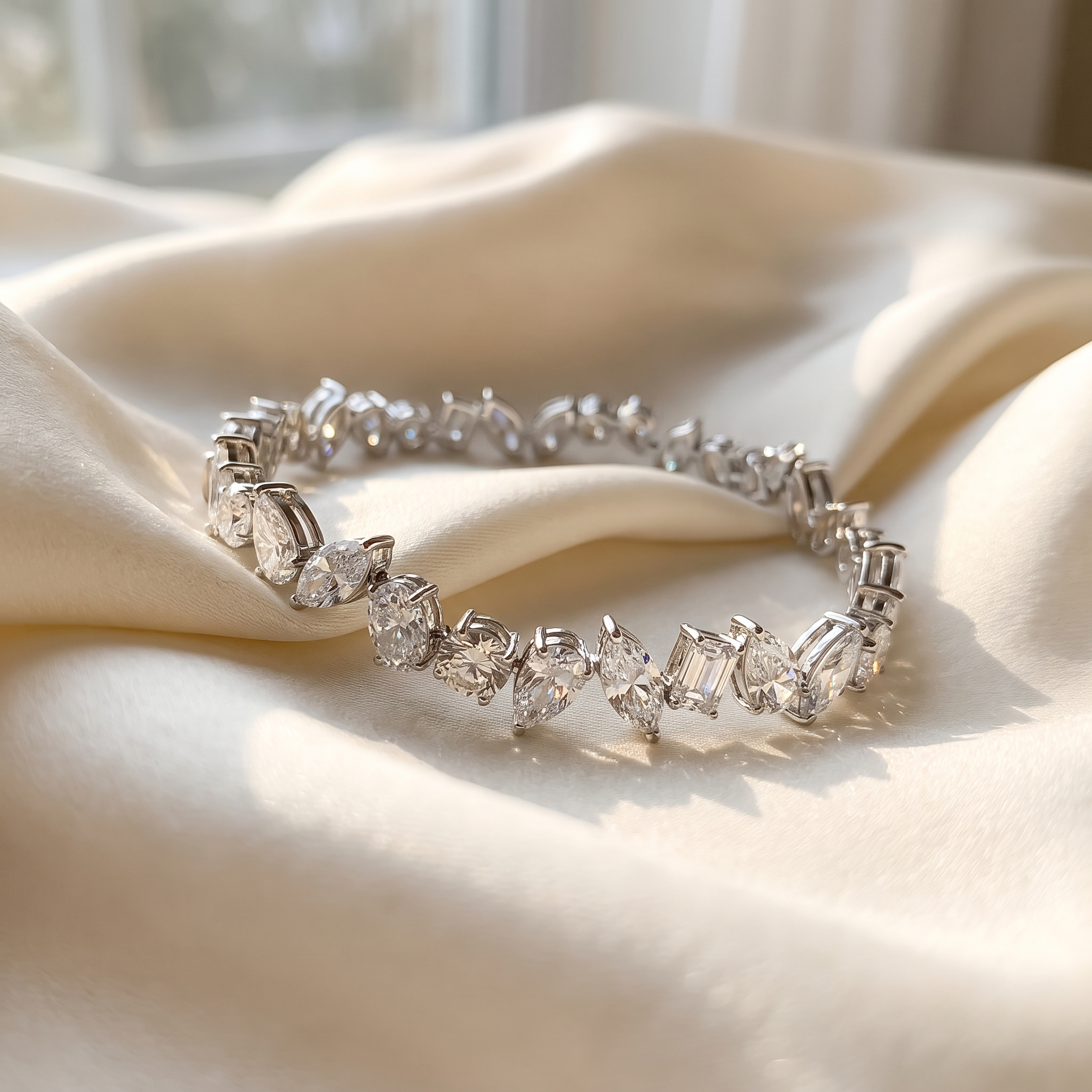 12ct mixed shape lab grown diamond tennis bracelet styled on ivory silk